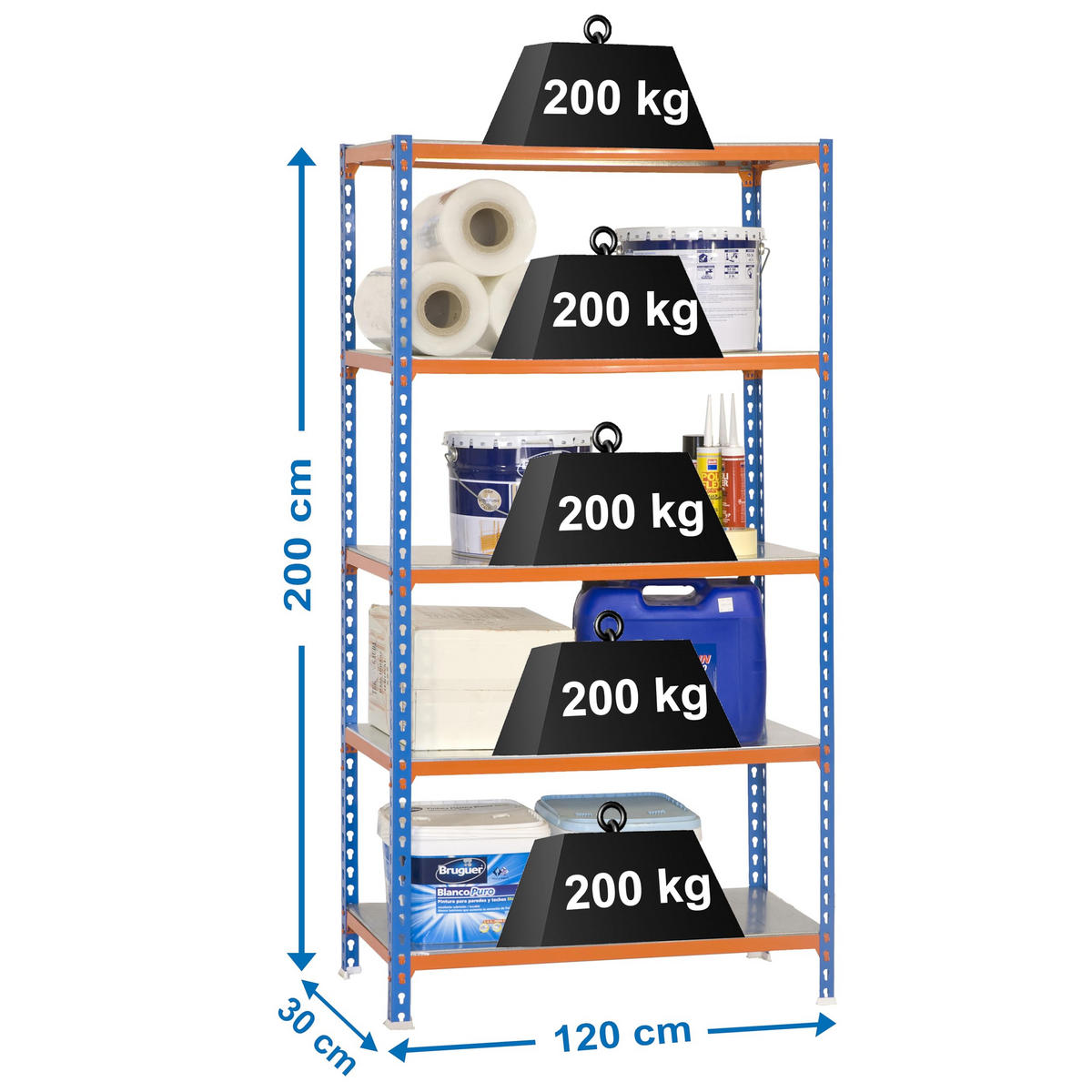 SCHWERLASTREGAL Big Metal Shark HxBxT 200 x 120 x 30 cm Fachlast 200 kg Blau-Orange - Gelb, Metall (120/200/30cm) - PROREGAL