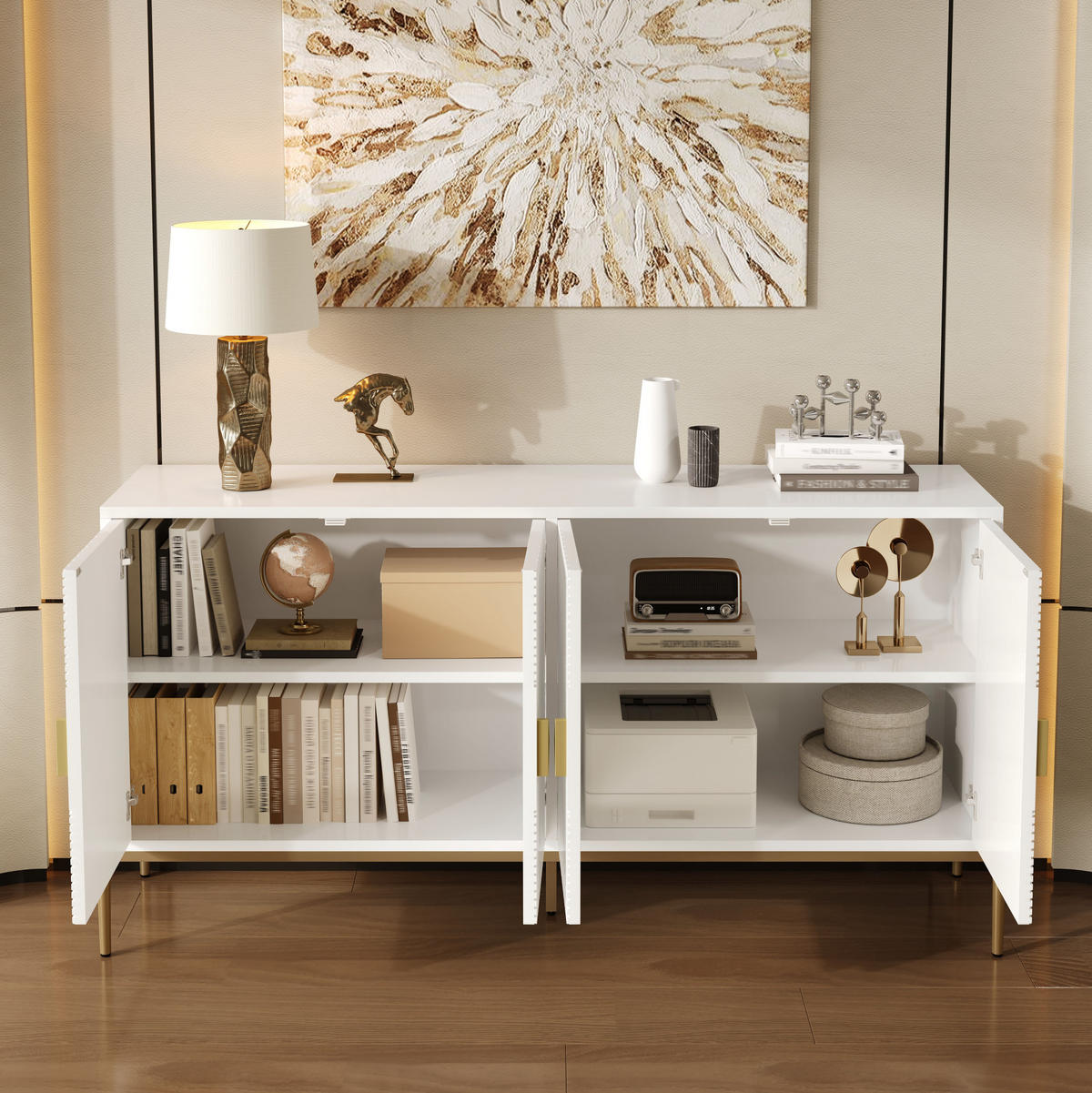 SIDEBOARD 162/40/80 cm aus MDF und Holzwerkstoff mit 3D-Fronten Weiß - Weiß, Holzwerkstoff (162/80/40cm) - Modenvie