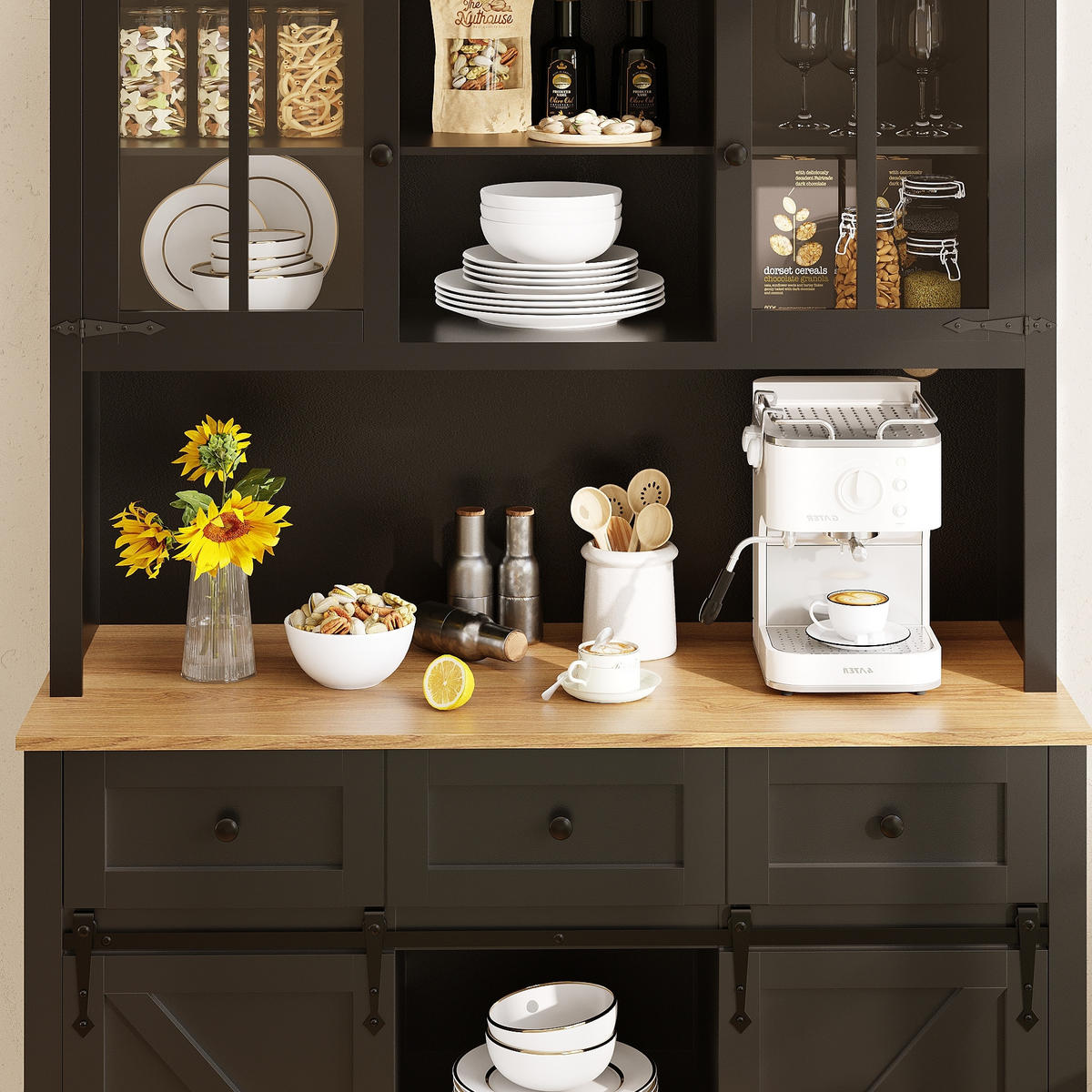 BUFFET 105/38,4/180 cm aus MDF mit LED-Beleuchtung und Schiebetür Schwarz - Schwarz, Holzwerkstoff (105/180/38.4cm) - Modenvie