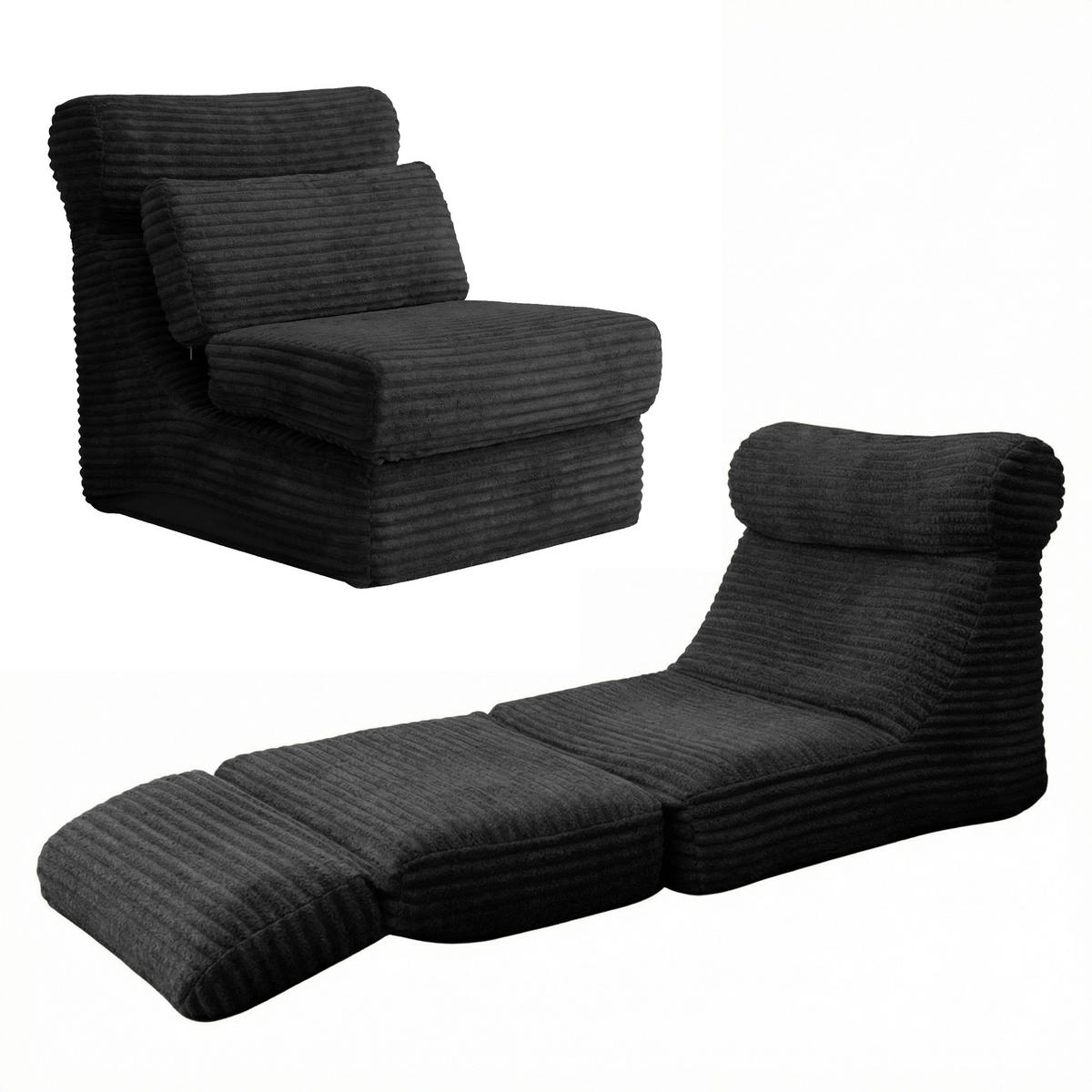 SCHLAFSESSEL 2-in-1 Bodensofa & Schlafsessel in Cord-Optik Montagefreii - Schwarz, Textil (83/83/83cm) - Urban Meuble