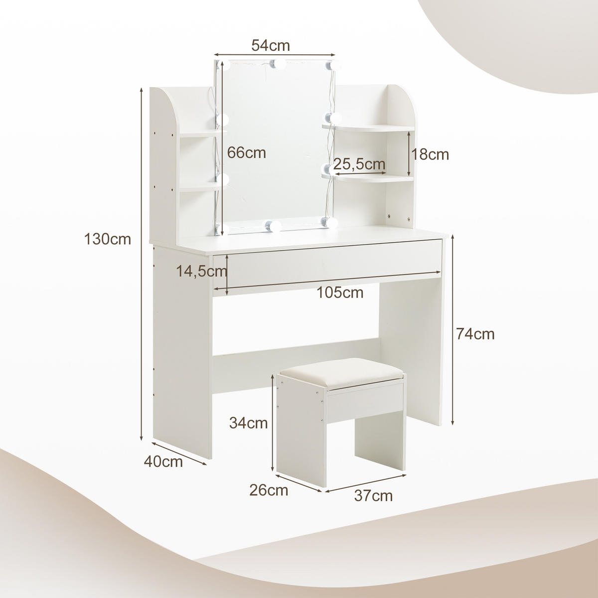 SCHMINKTISCH 40/105/130 cm Weiß aus MDF mit LED-Beleuchtung und Hocker - Weiß, Holzwerkstoff (40/130/105cm) - OKWISH