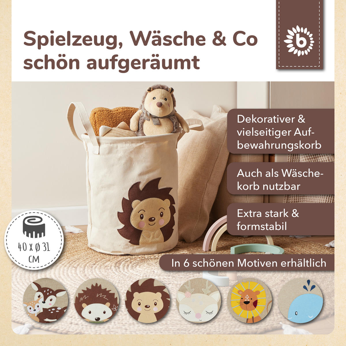 WÄSCHEKORB Igel Piksi - Beige, Textil (31/31cm) - Bieco Spielwaren