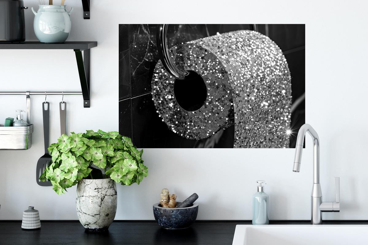 WANDTATTOO WC - Toilettenpapier - Schwarz und weiß - Glitter 60x40 cm - Silberfarben, Kunststoff (60/40/0.1cm) - MuchoWow