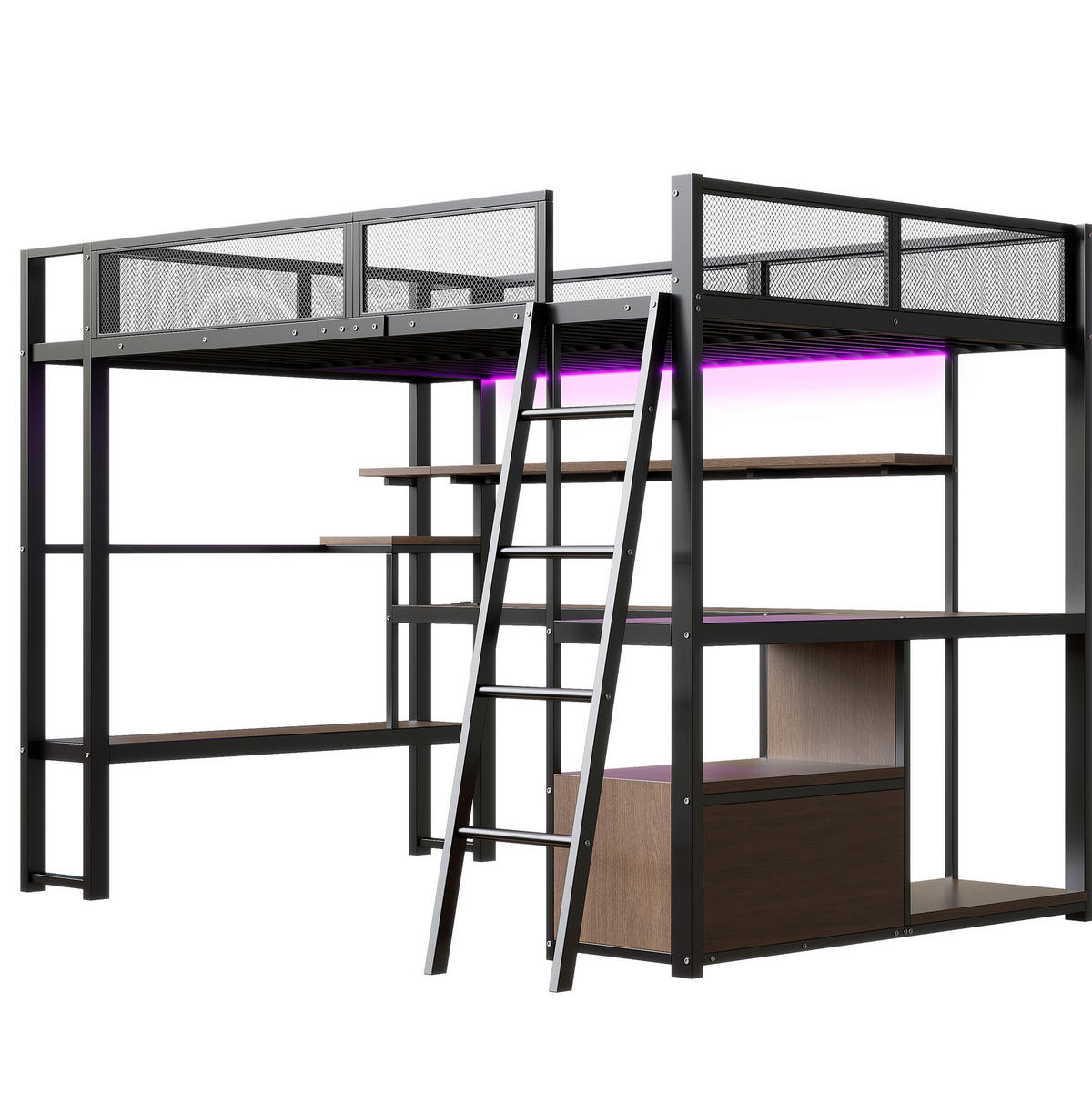 METALL-HOCHBETT aus MDF und Metall 140x200 cm Schwarz mit Arbeitsplatz, LED-Beleuchtung und Stauraum - Schwarz, Holzwerkstoff (140/200cm) - Modfu