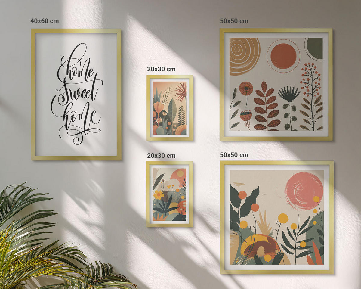 BILDER SET 5er Set - 50x50 cm & 20x30 cm & 40x60 cm Goldrahmen - Pastellfarbene Pflanzenmuster - Goldfarben, Kunststoff (40/60cm) - TULUP