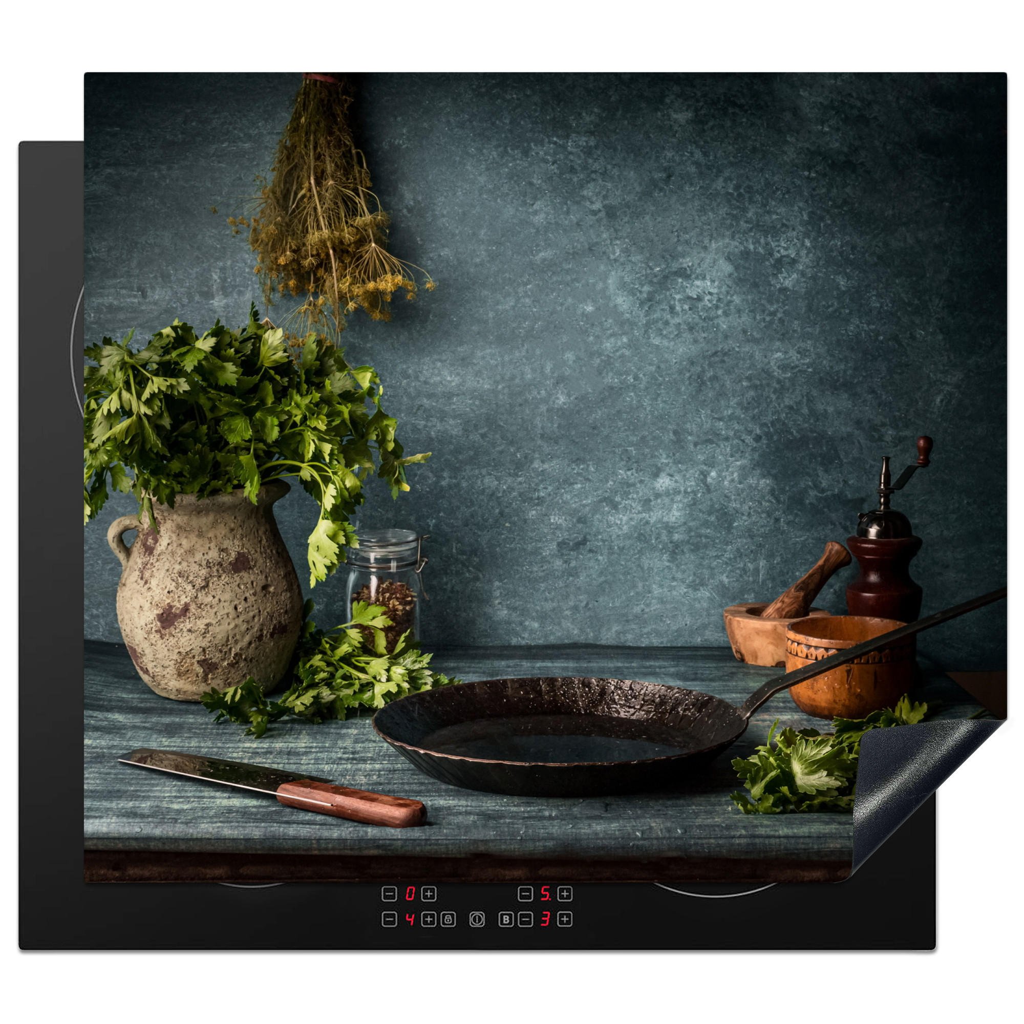MuchoWow KRYT NA INDUKČNÍ DESKU Bylinky - Koření - Pánev - Nůž - Šedý - Rustikální 59x52 cm