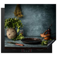 HERDABDECKPLATTE Kräuter - Gewürze - Pfanne - Messer - Grau - Rustikal 58x51 cm - Petrol, Kunststoff (58.3/0.2/51.3cm) - MuchoWow