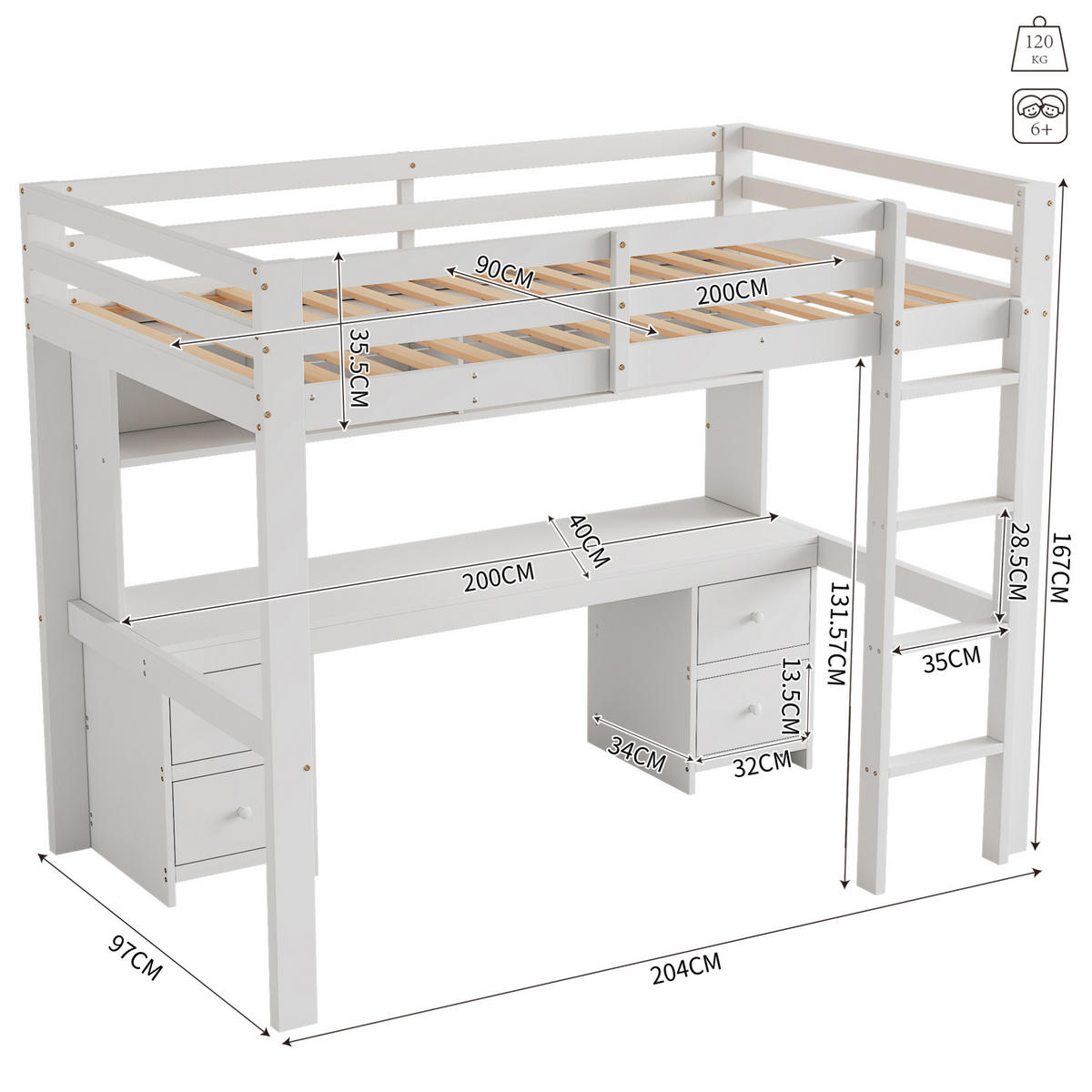 HOCHBETT 90/200 cm aus Kiefer und MDF mit Schreibtisch und Stauraum Weiß - Weiß, Holz (90/200cm) - Modenvie