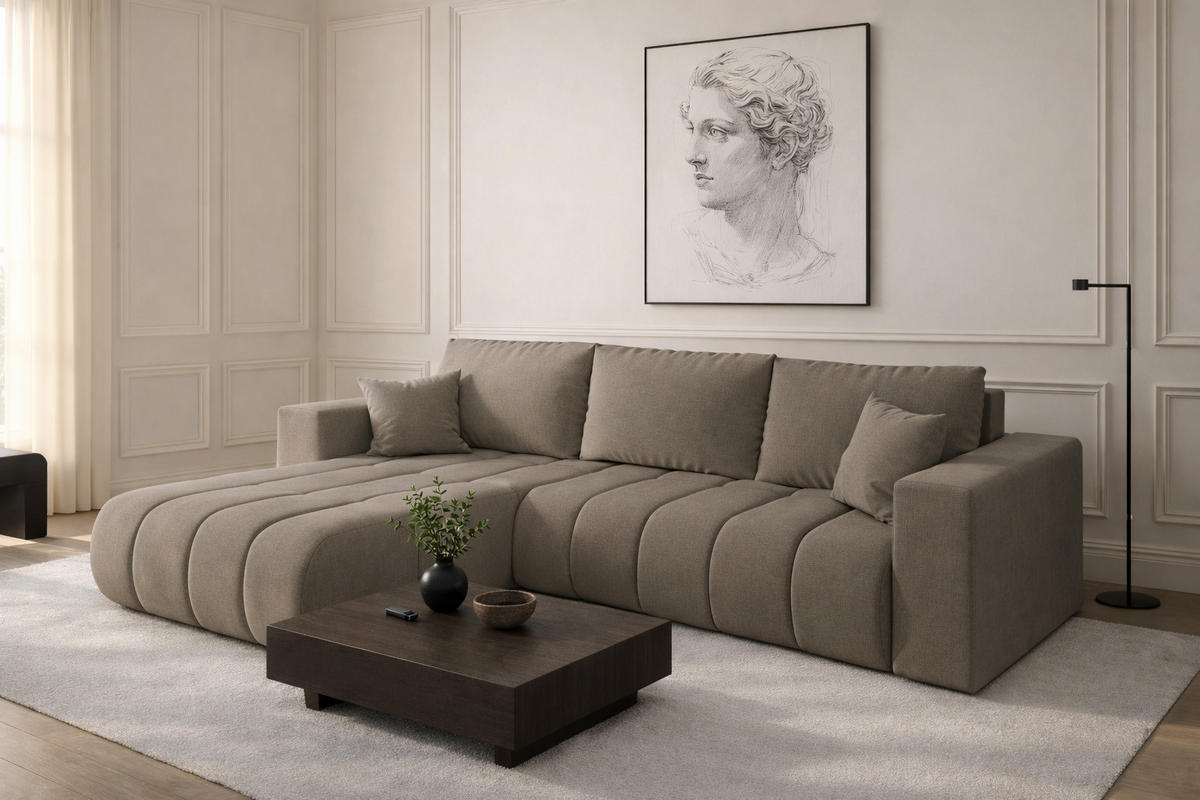 ECKSOFA mit schlaffunktion und bettkasten MILO PREMIUM, stoff WIND, Stahl, Links - Grau, Holz (280/190cm) - Kaiser Möbel