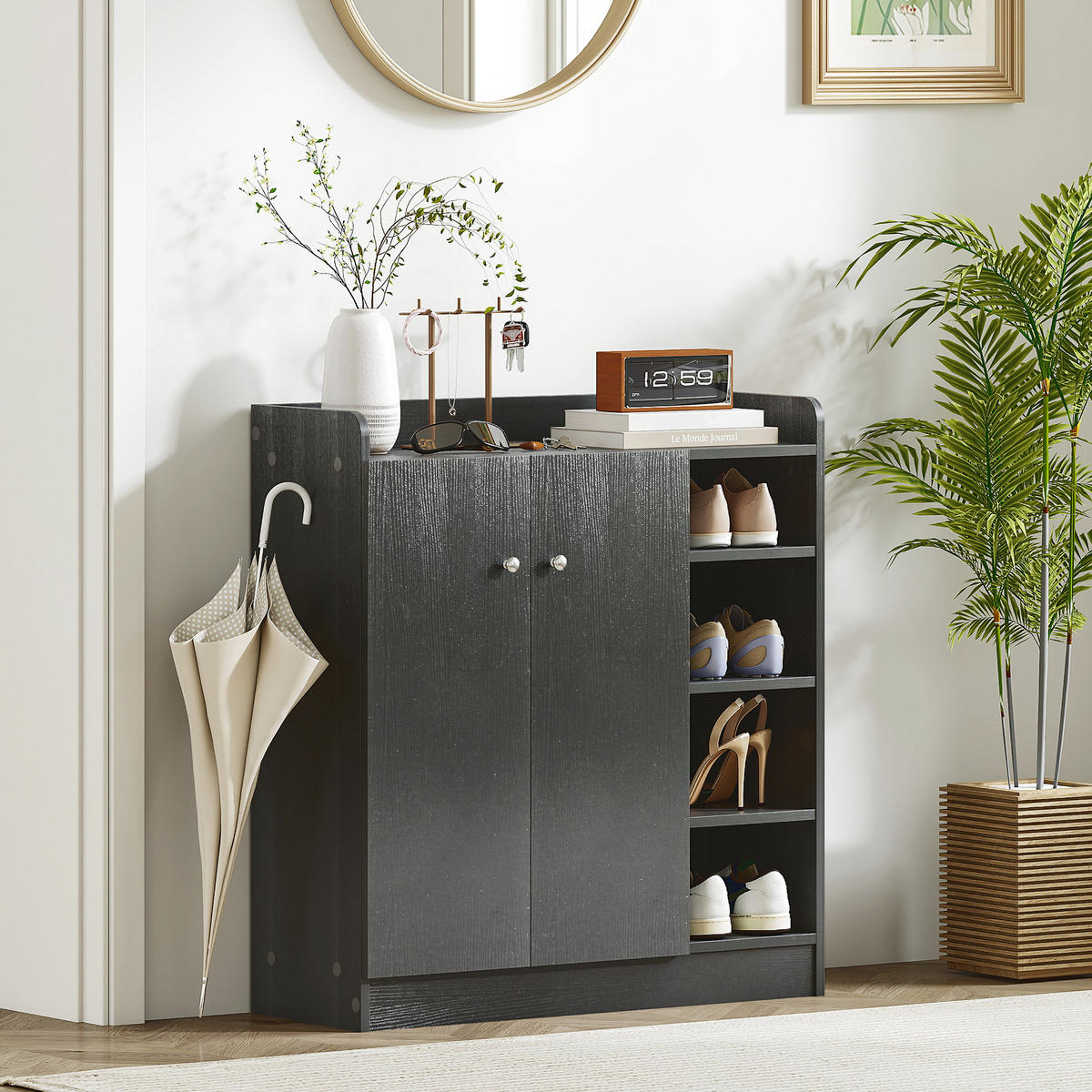 SCHUHSCHRANK DE-14973 4 offene Fächer & Doppelschrank mit 4 Einlegeböden Schwarz - Schwarz, Holzwerkstoff (83/90/30cm) - ComfortXL