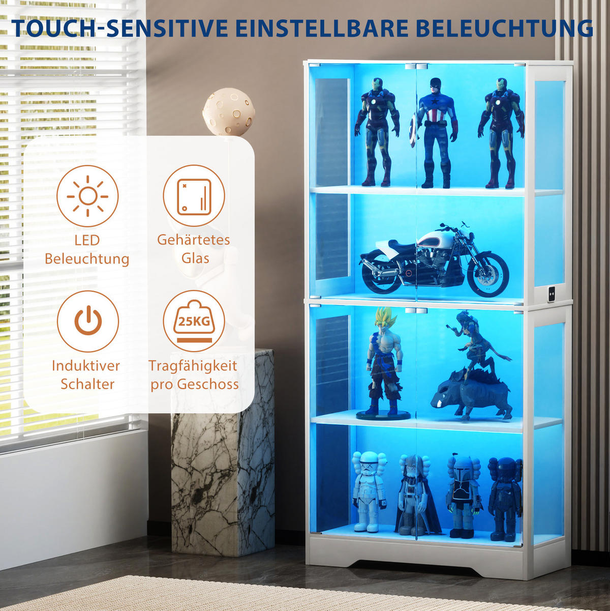 GLASVITRINE aus MDF und Glas 80x35x165 cm Weiß mit LED-Beleuchtung, Sensortechnik und Stauraum - Weiß, Holzwerkstoff (80/165/35cm) - Modfu
