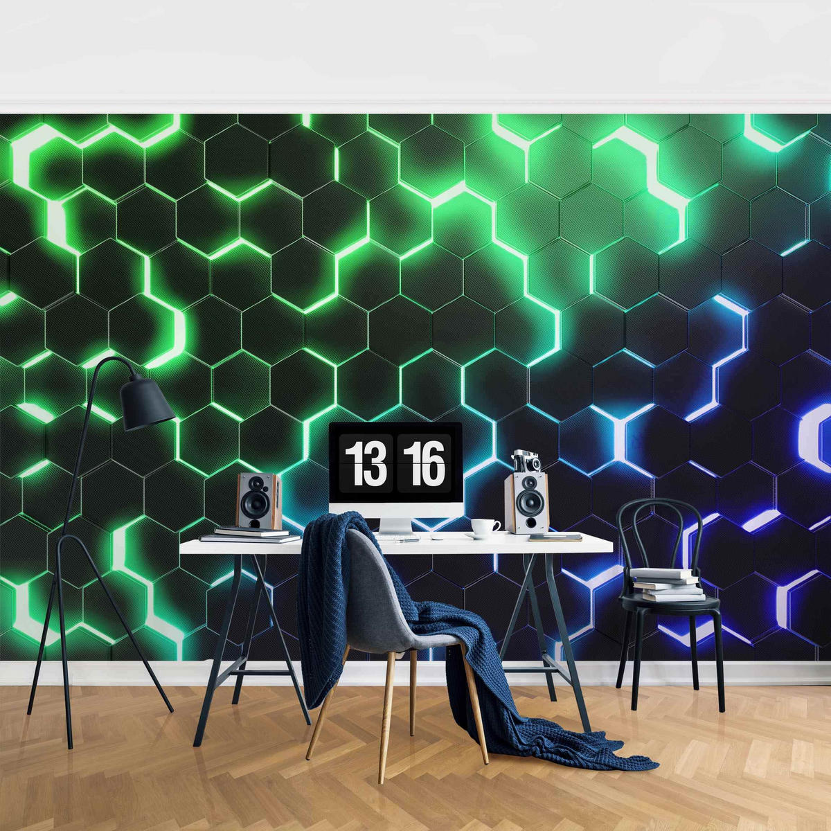 FOTOTAPETE Strukturierte Hexagone mit Neonlicht in Grün und Blau 432/290 cm - Schwarz, Papier (432/290cm) - Bilderwelten