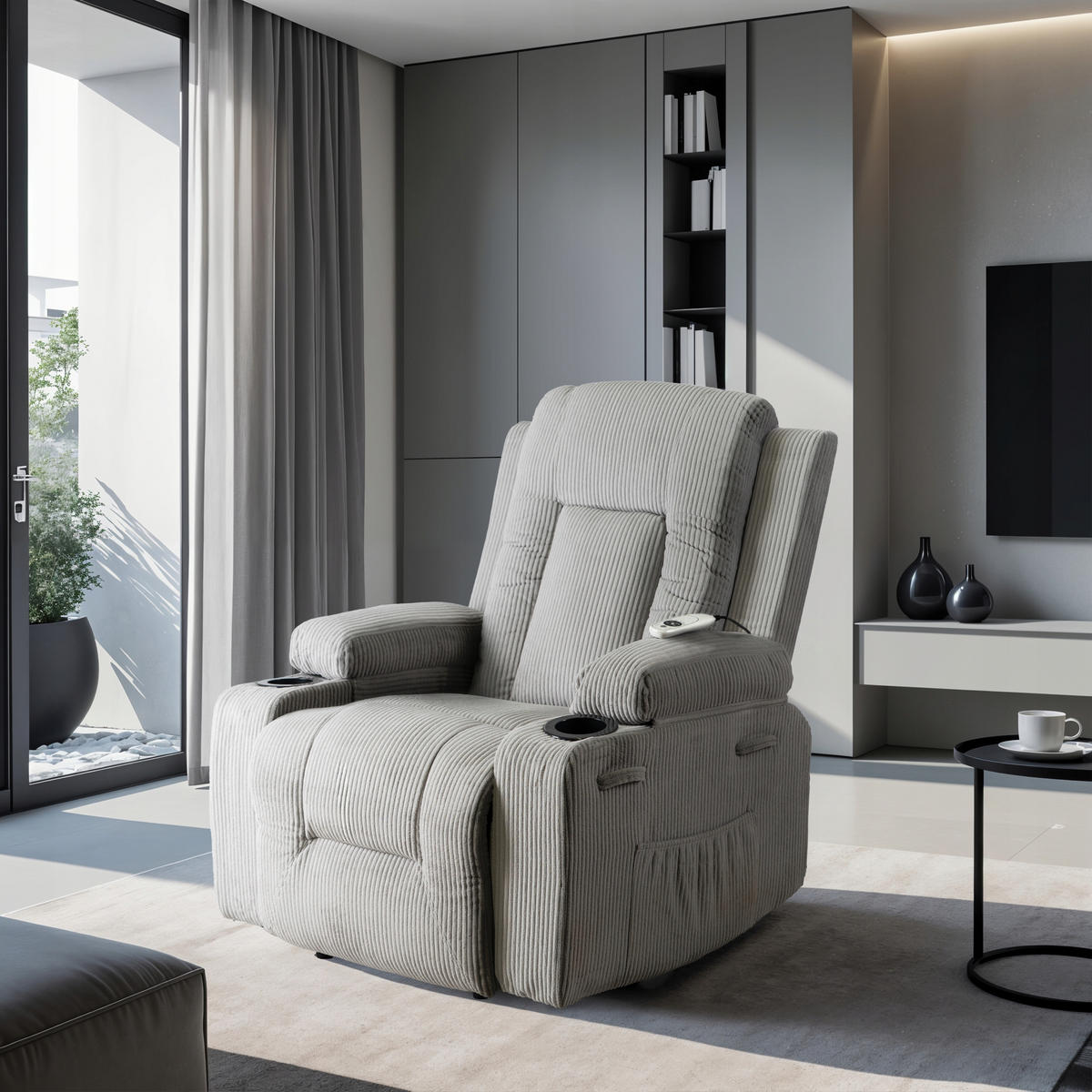 MASSAGESESSEL mit Fußhocker BOX 2 Cord Grau - Grau, Holz/Textil (87/101/85cm) - makarowski meble