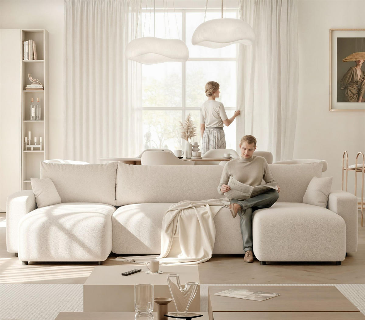 WOHNLANDSCHAFT Luna Mit Schlaffunktion - Beige, Holzwerkstoff/Textil (318/79/145cm) - Fun Möbel