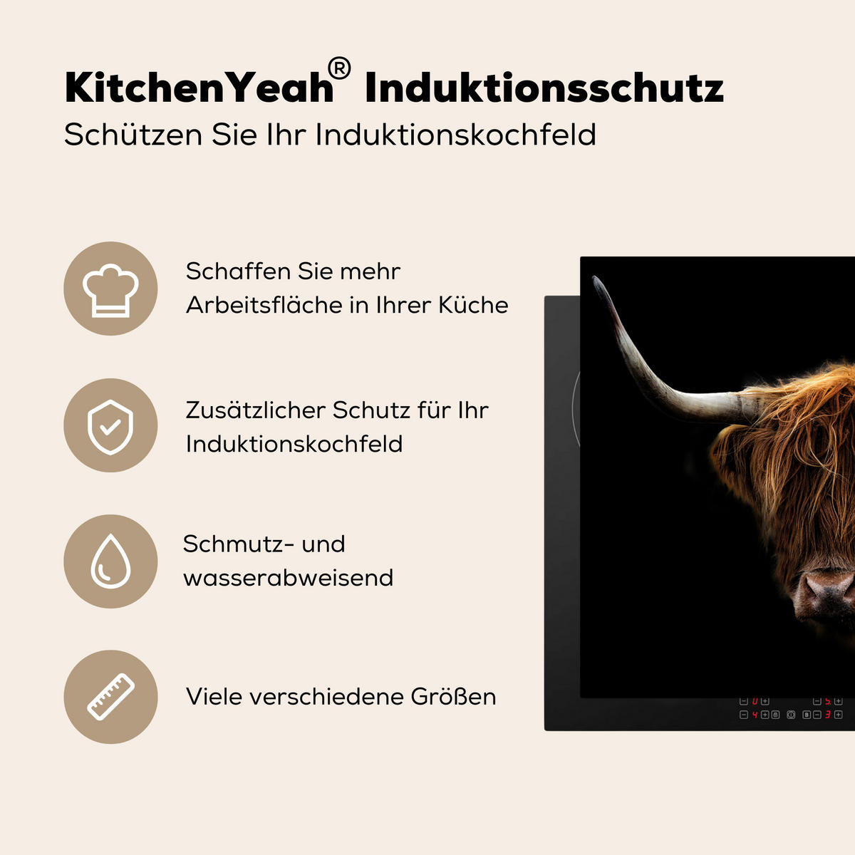 HERDABDECKPLATTE Schottischer Highlander - Hörner - Schwarz - Tiere - Natur - Wild - Kuh 77x59 cm - Cognac, Kunststoff (77/0.2/59cm) - MuchoWow