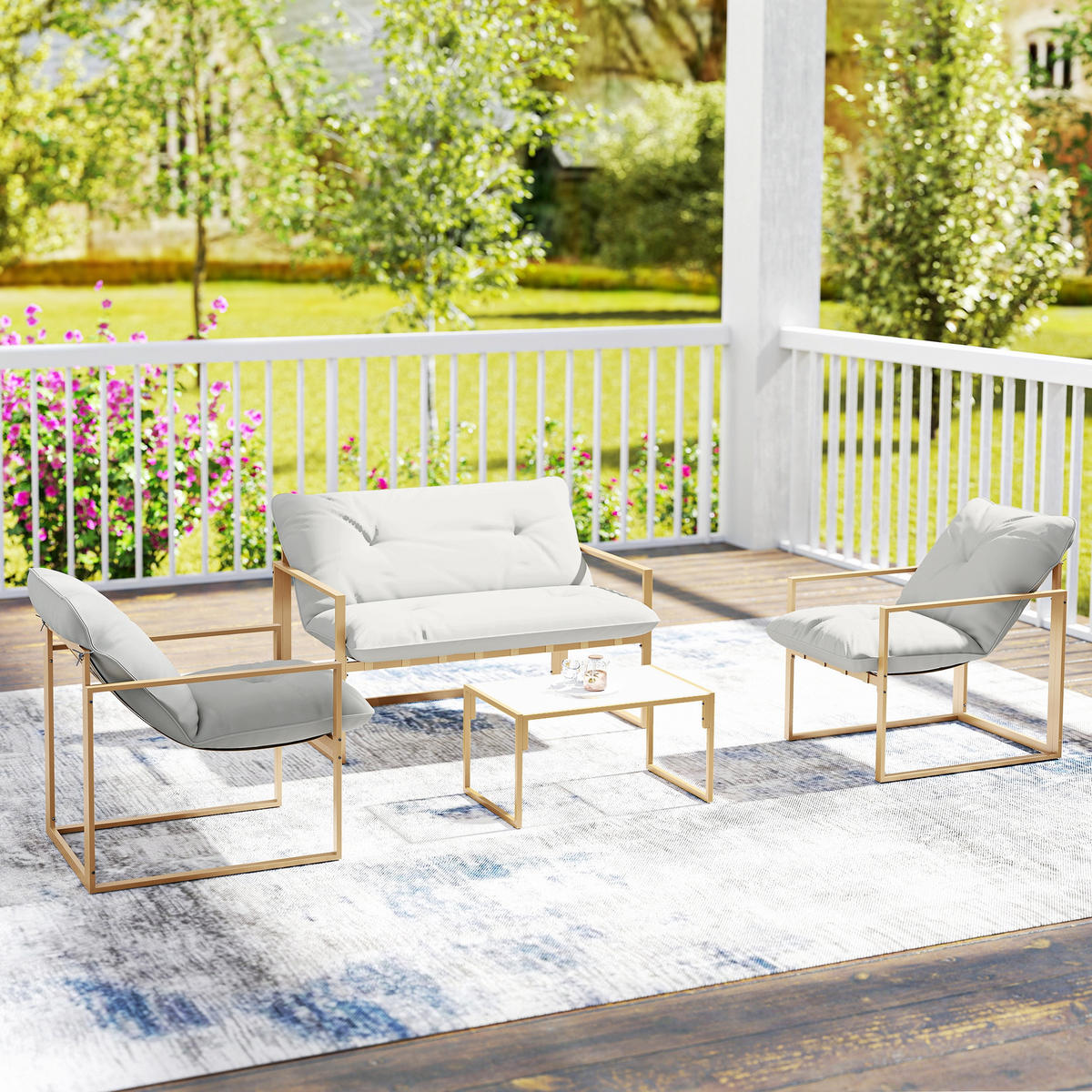 GARTENSET DE-13499 4-teilig mit 15 cm Kissen Khaki - Weiß, Metall - ComfortXL