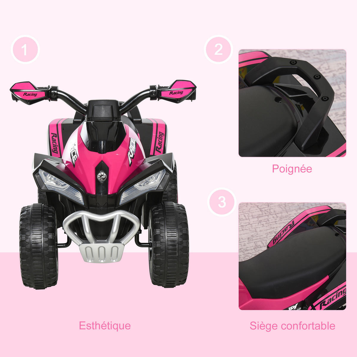 KINDERQUAD DE-16913 mit LED-Licht & Sound Pink/Schwarz - Pink, Kunststoff (67/38/44cm) - ComfortXL