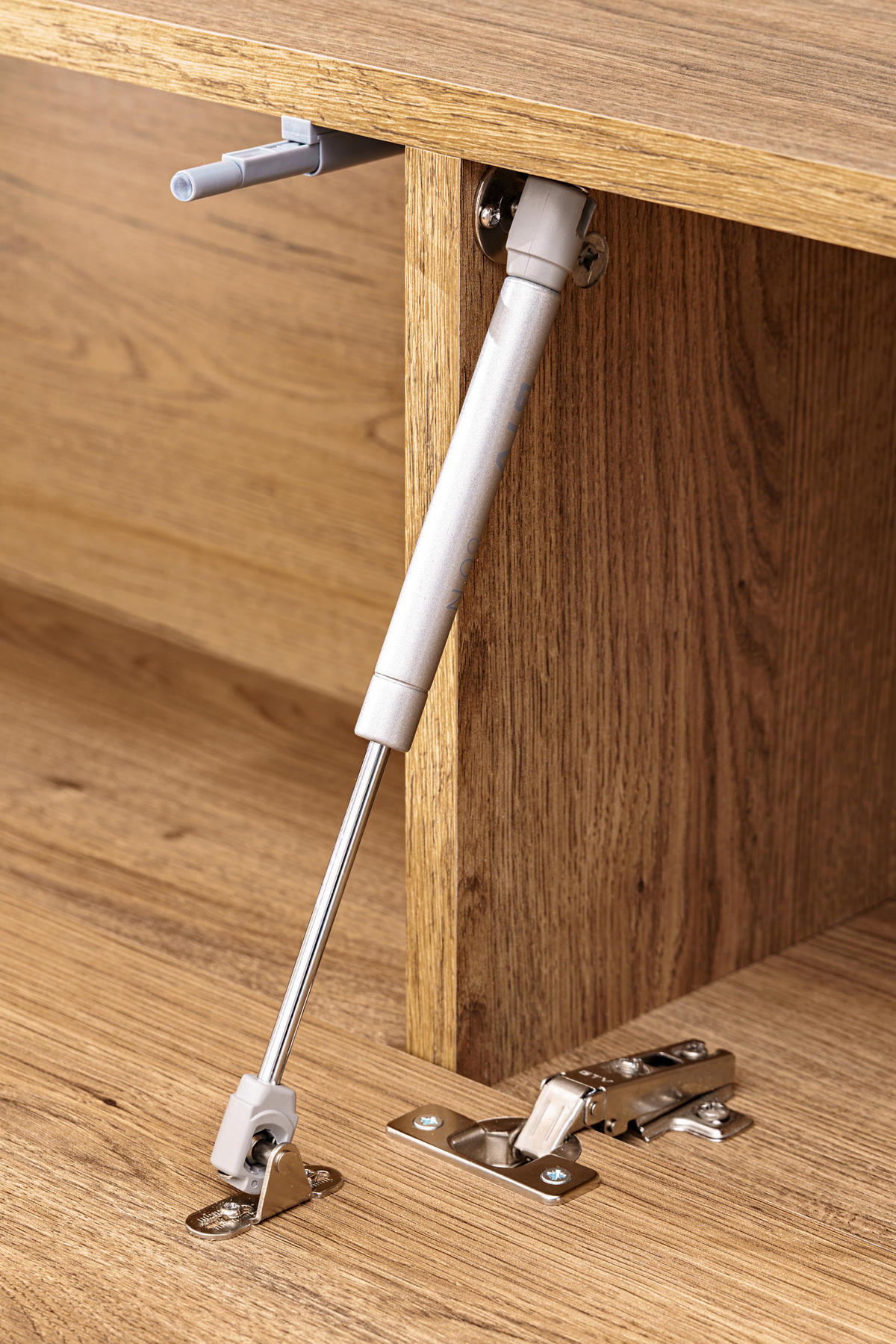 WOHNWAND COMO, hängevitrine und hängeboard, sechs Glasböden, Honigeiche/Trüffeleichefarben - Honigeiche/Trüffeleichefarben, Glas/Holzwerkstoff (211/178/23cm) - Komodee
