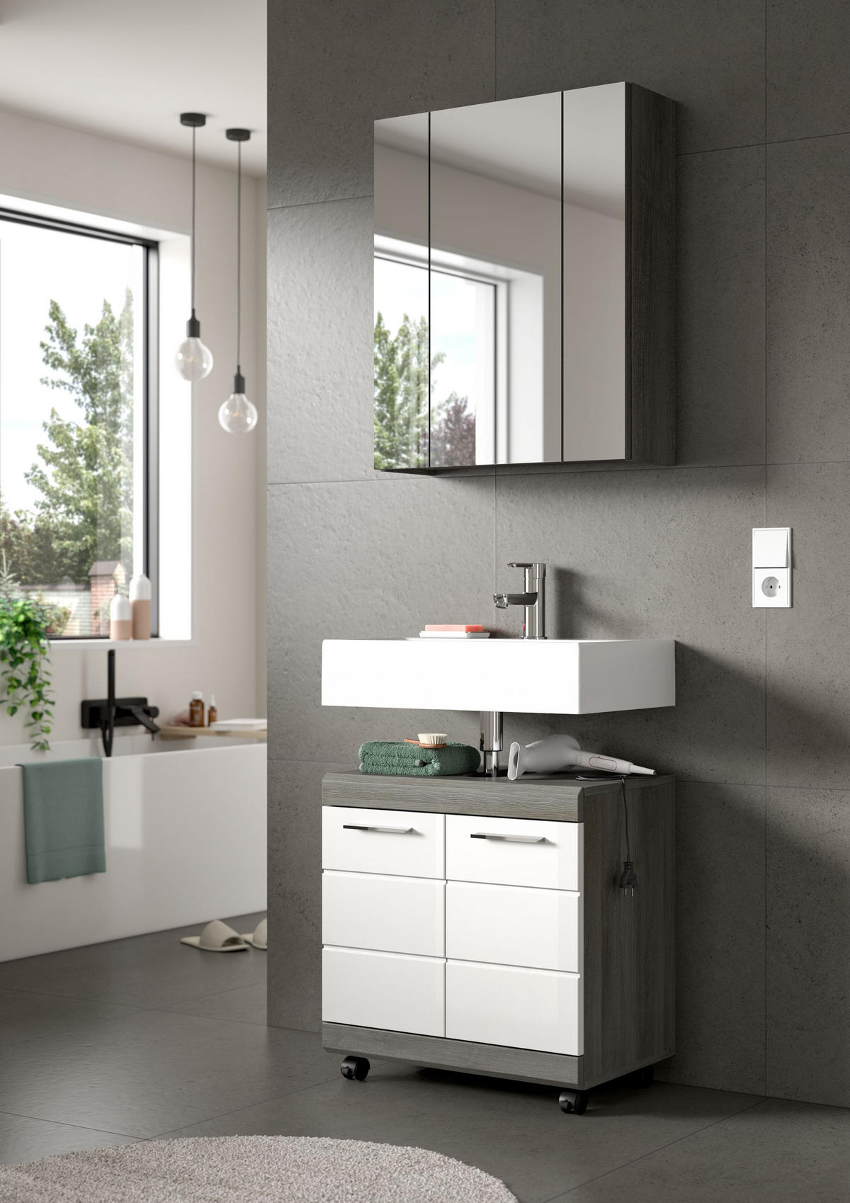 WASCHBECKENUNTERSCHRANK auf Rollen SCOUT (B/H/T: ca. 60/60/34 cm) in Rauchsilber Nachbildung/weiß hochglanz - Silberfarben, Holzwerkstoff (60/60/34cm)