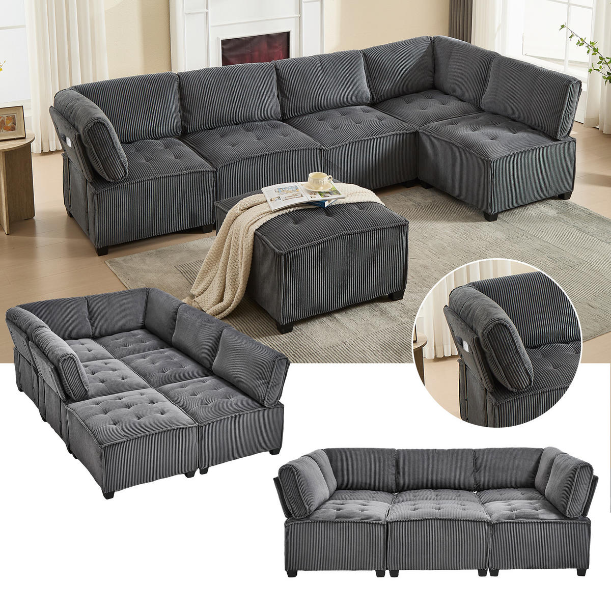 WOHNLANDSCHAFT 6-Sitzer Cord Grau mit Seitentaschen - Grau, Holzwerkstoff/Kunststoff (308/82/154cm) - WISHDOR