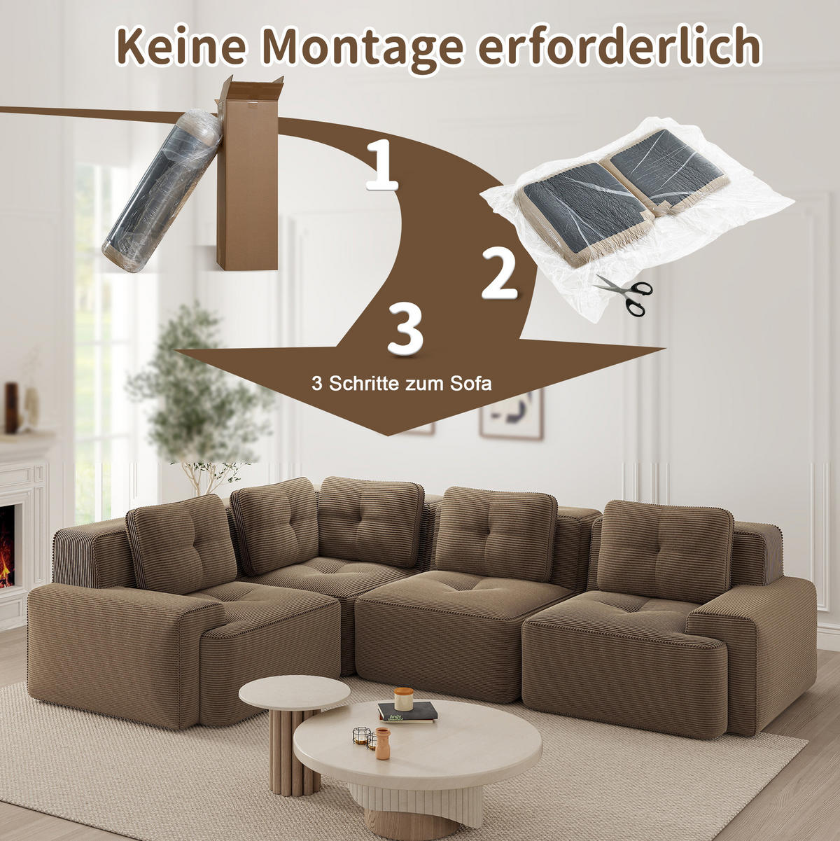 ECKSOFA aus Cord mit modularem Design und breiten Armlehnen Braun - Braun, Textil (104/382cm) - Modenvie