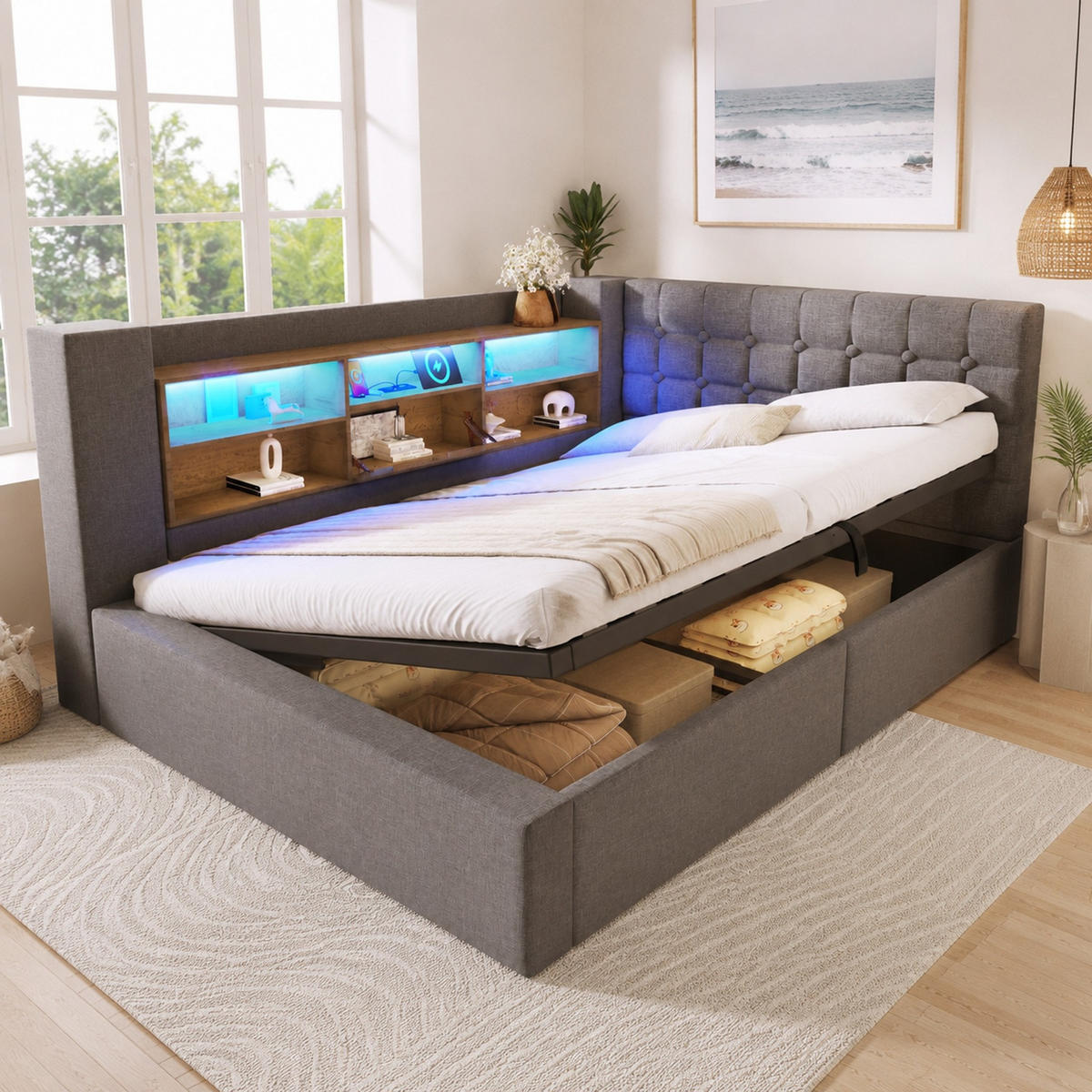 POLSTERBETT 140/200 mit LED, hydraulischem Stauraum und USB in Grau - Grau, Holzwerkstoff/Textil (140/200cm) - EVRYAE