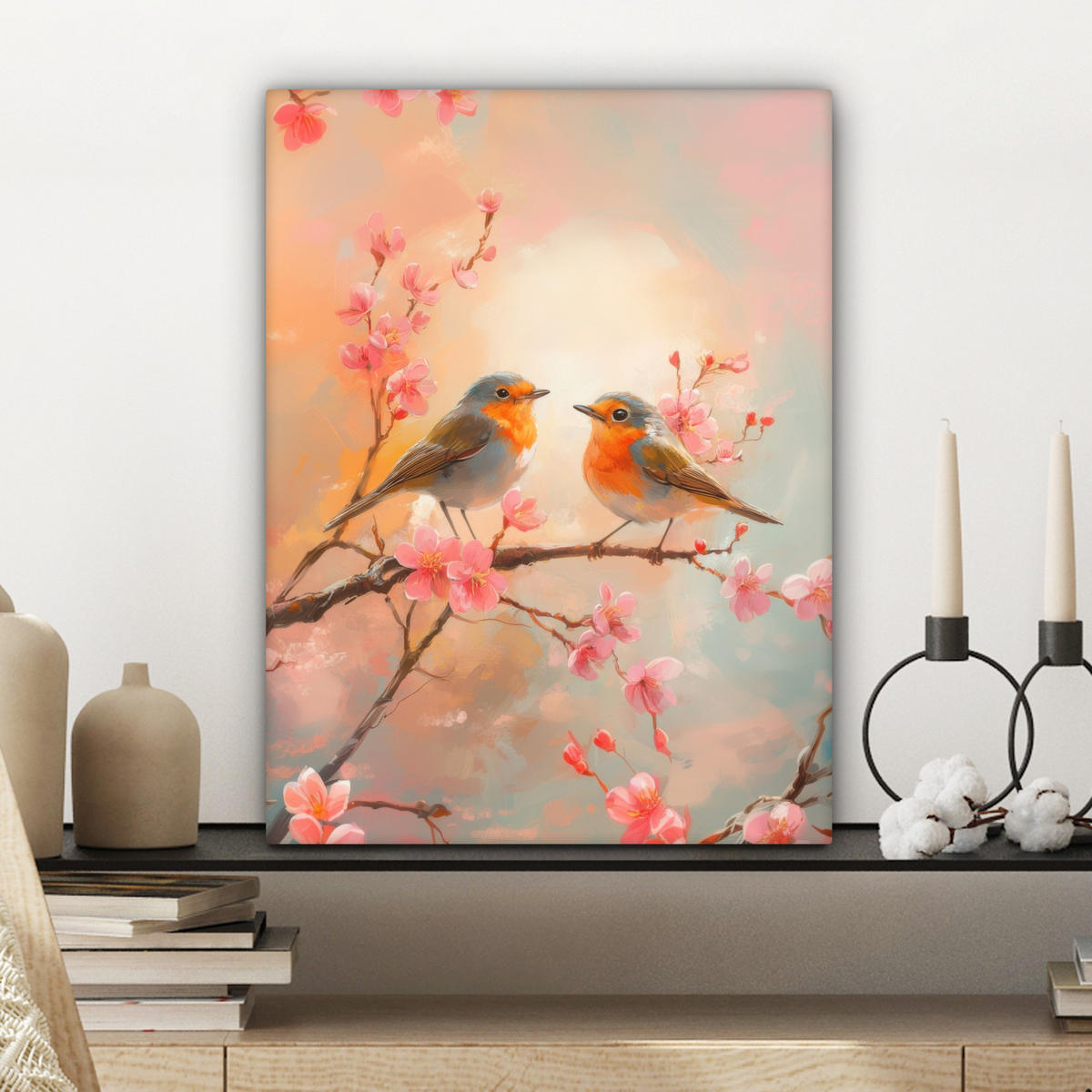 LEINWANDBILD Rotkehlchen - Zierpflanze - Blütenzweig Room Decor 30x40 cm - Hellrosa, Textil (30/40cm) - MuchoWow