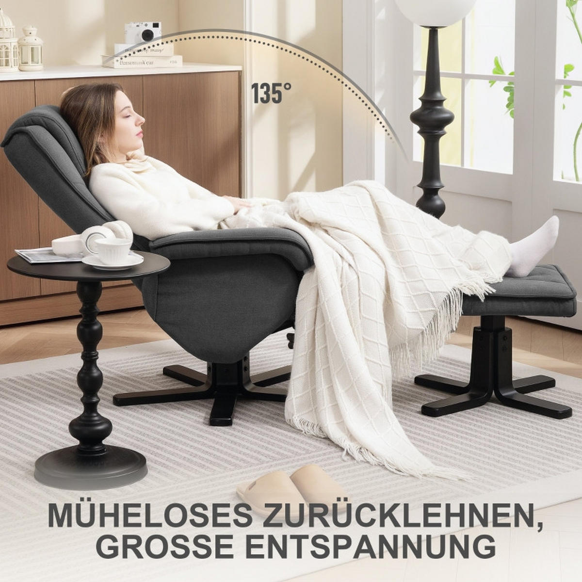 RELAXSESSEL Polyester mit Hocker 360° drehbar, 135° verstellbar 67/87/96 cm Dunkelgrau - Dunkelgrau, Textil (67/96/87cm) - Redom