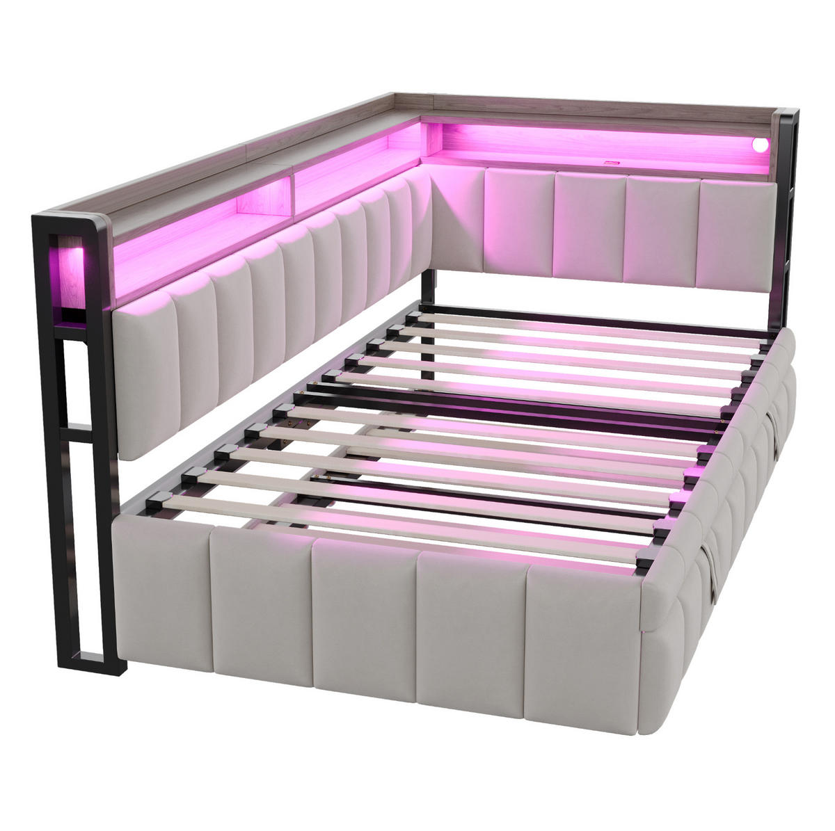 POLSTERBETT Schlafsofa aus Samt 90x200 cm Hellgrau mit Ausziehbett, LED-Beleuchtung, USB- und Typ-C-Anschluss - Hellgrau, Textil (90/200cm) - Modfu