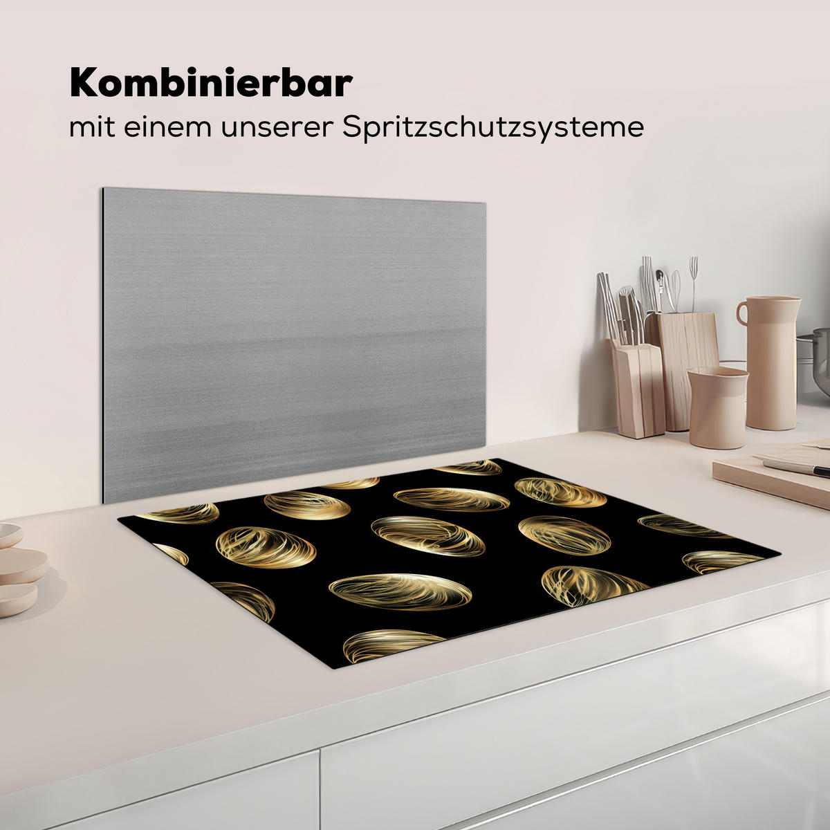 HERDABDECKPLATTE Eier - Gold - Muster Herdabdeckung Induktionsfeld 70x52 cm - Schwarz, Kunststoff (70/52/0.2cm) - MuchoWow