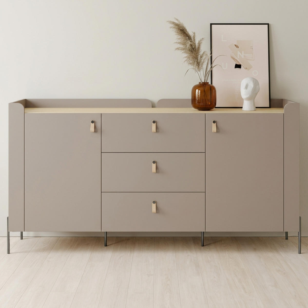 KOMODA Sorella se 2 dveřmi a 3 zásuvkami, 180 cm, do studentského pokoje, porcini + dub Mavelie - kapučínová/barva dubu, kov/kompozitní dřevo (180/95/42cm) - Beautysofa