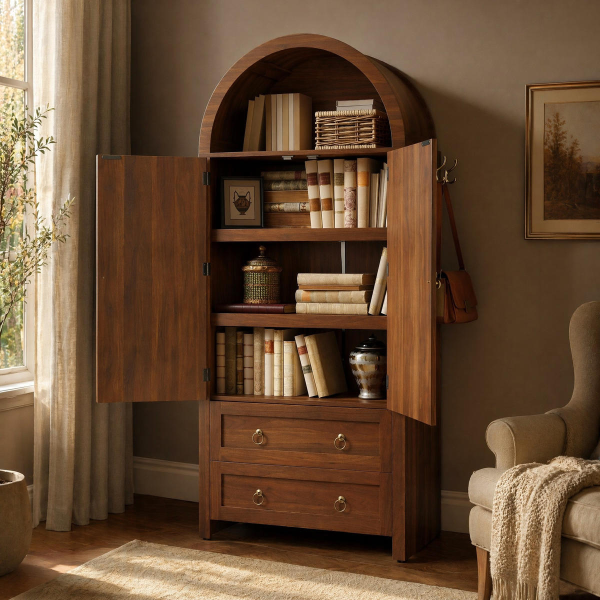 SIDEBOARD in Nussbaum 80/40/180 cm aus MDF mit Korbgeflecht-Türen, Schubladen und Stauraum - Nussbaumfarben, Holzwerkstoff/Metall (80/180/40cm) - CHICFURN