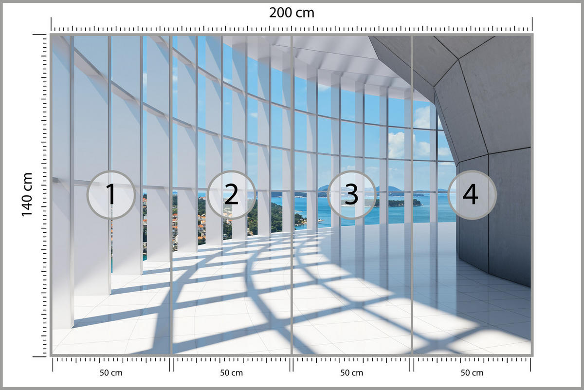 FOTOTAPETE für Wohnzimmer Räumlicher Tunnel mit Meerblick 200x140 - Blau/Beige, Papier (200/140cm) - Muralo