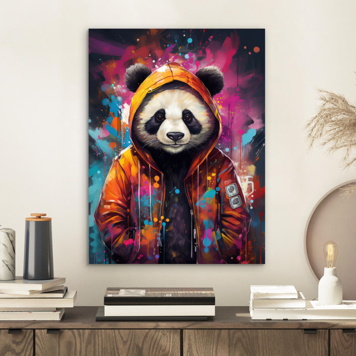 METALLBILD Panda - Jacke - Graffiti - Orange 30x40 cm - Orange, Metall (30/40cm) - MuchoWow