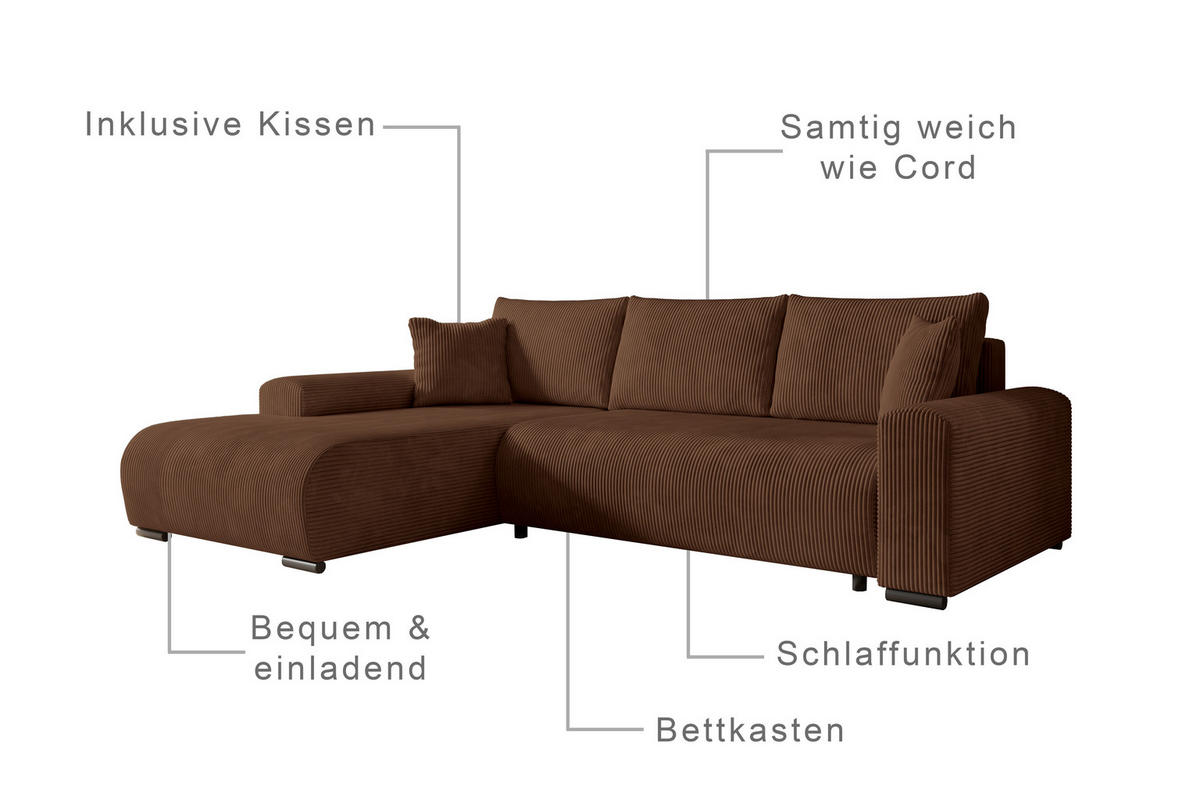 ECKSOFA Nelly mit Bettkasten und Schlaffunktion, Cordstoff in L-Form - Braun, Textil (270/185cm)