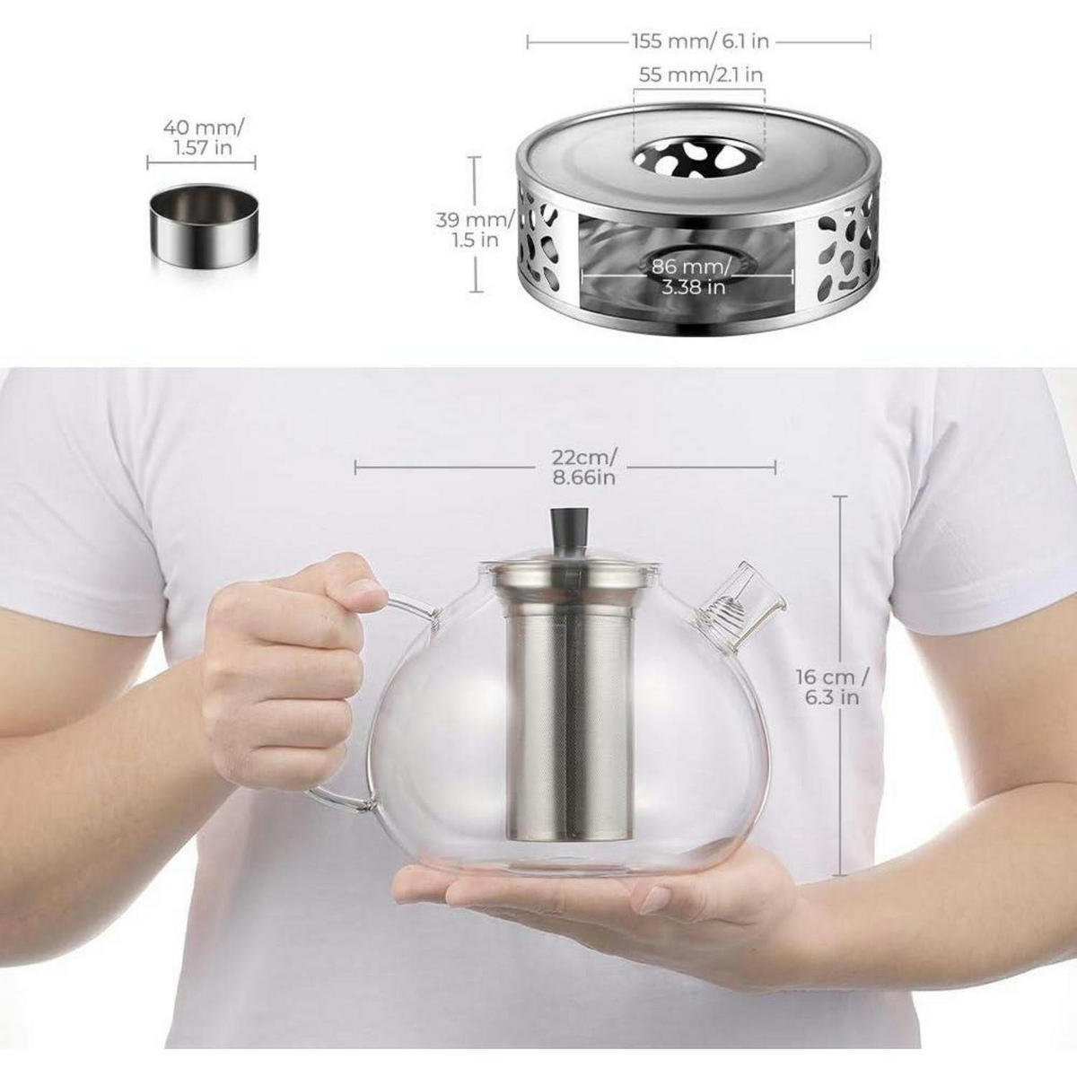 TEEKANNE mit Stövchen 2000ml Borosilikatglas Edelstahl - Transparent, Glas (16/22cm)