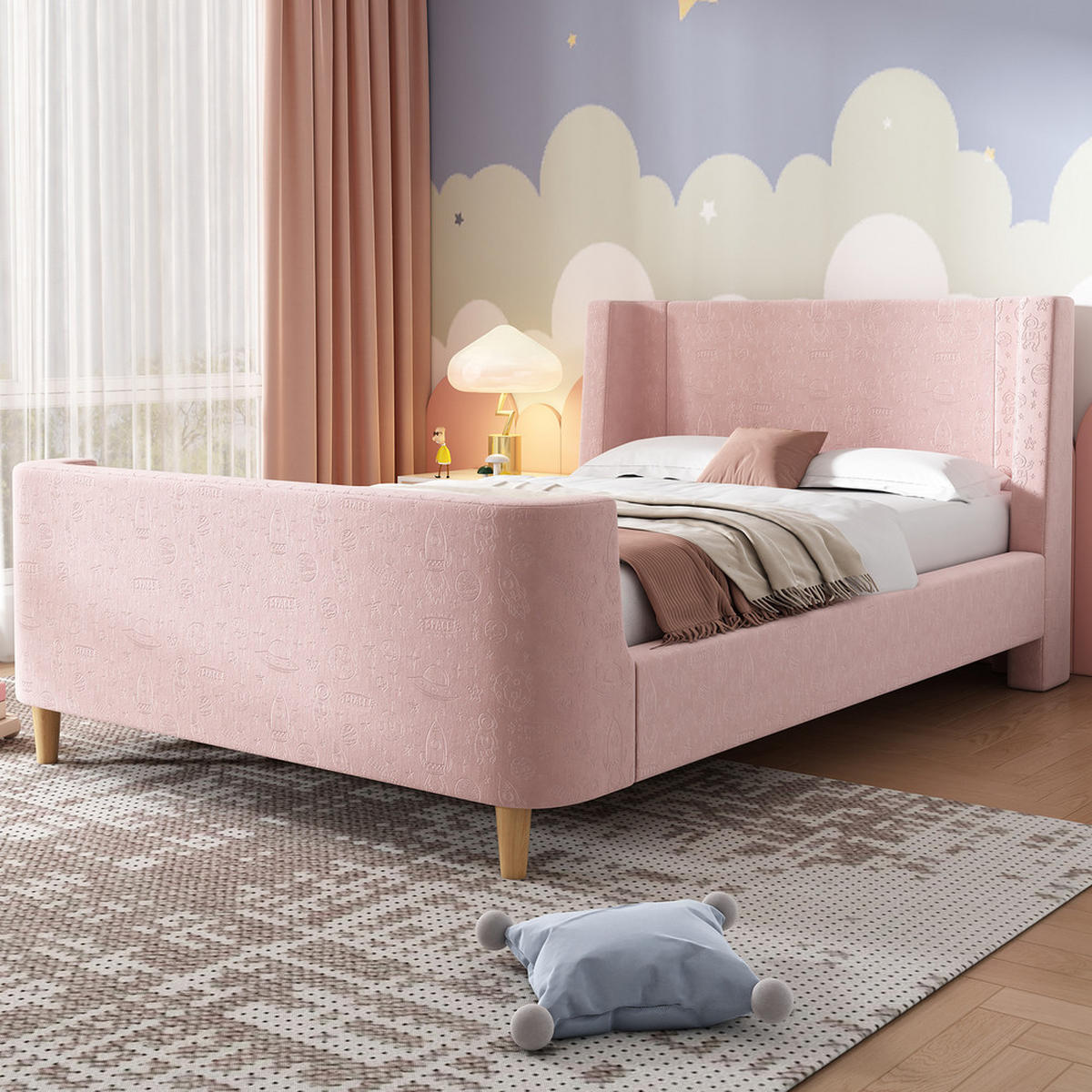 POLSTER-KINDERBETT 90x200cm Schlittenbett Kosmisches Muster Samt Rosa - Pink, Holz - FLIEKS