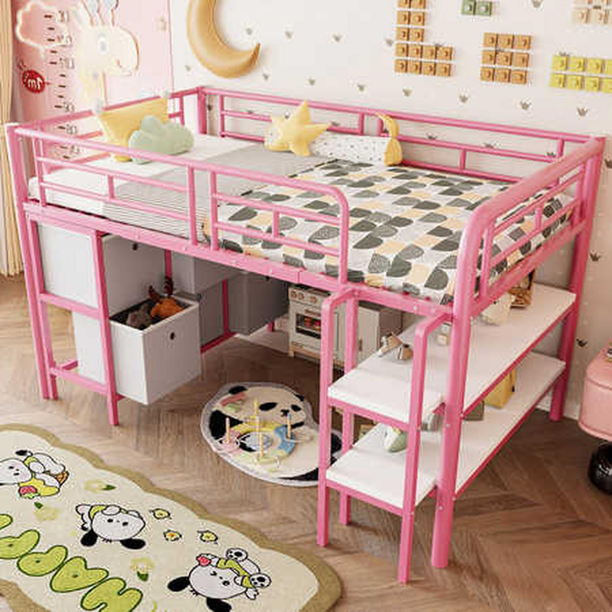 HOCHBETT 90x200 Rosa Metall Treppe Stauraum - Pink, Metall (90/200cm) - FLIEKS