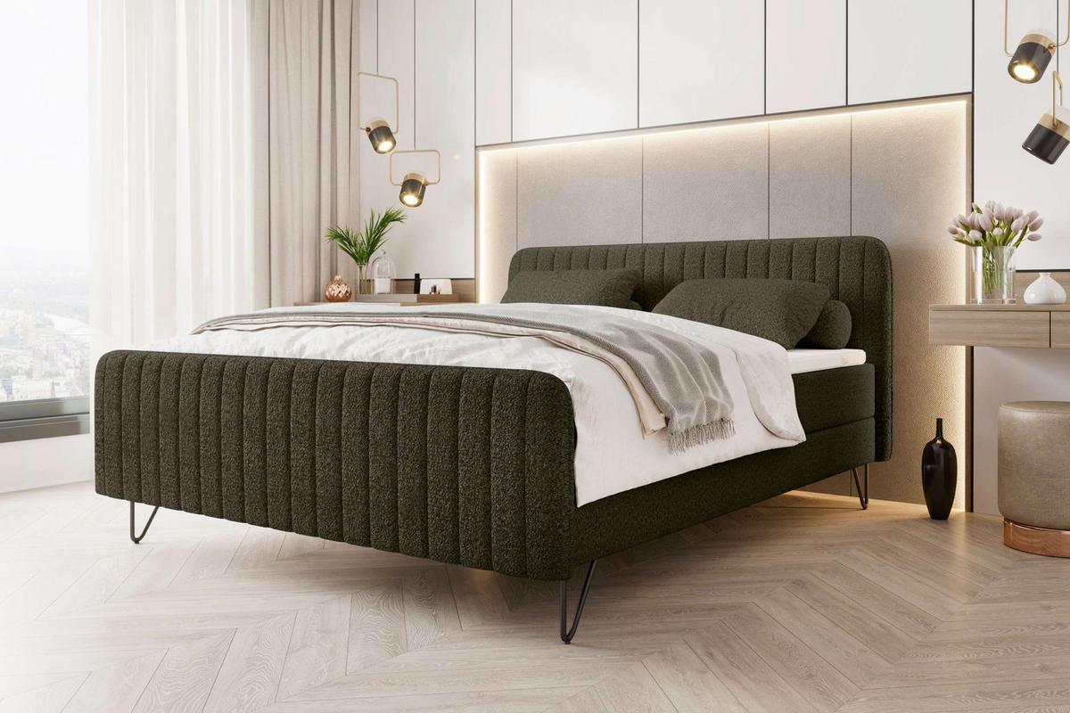 BOXSPRINGBETT LUCIO Bouclé-Stoff Olivgrün 180/200 cm - Schwarz/Olivgrün, Textil/Metall (180/200cm) - 99rooms