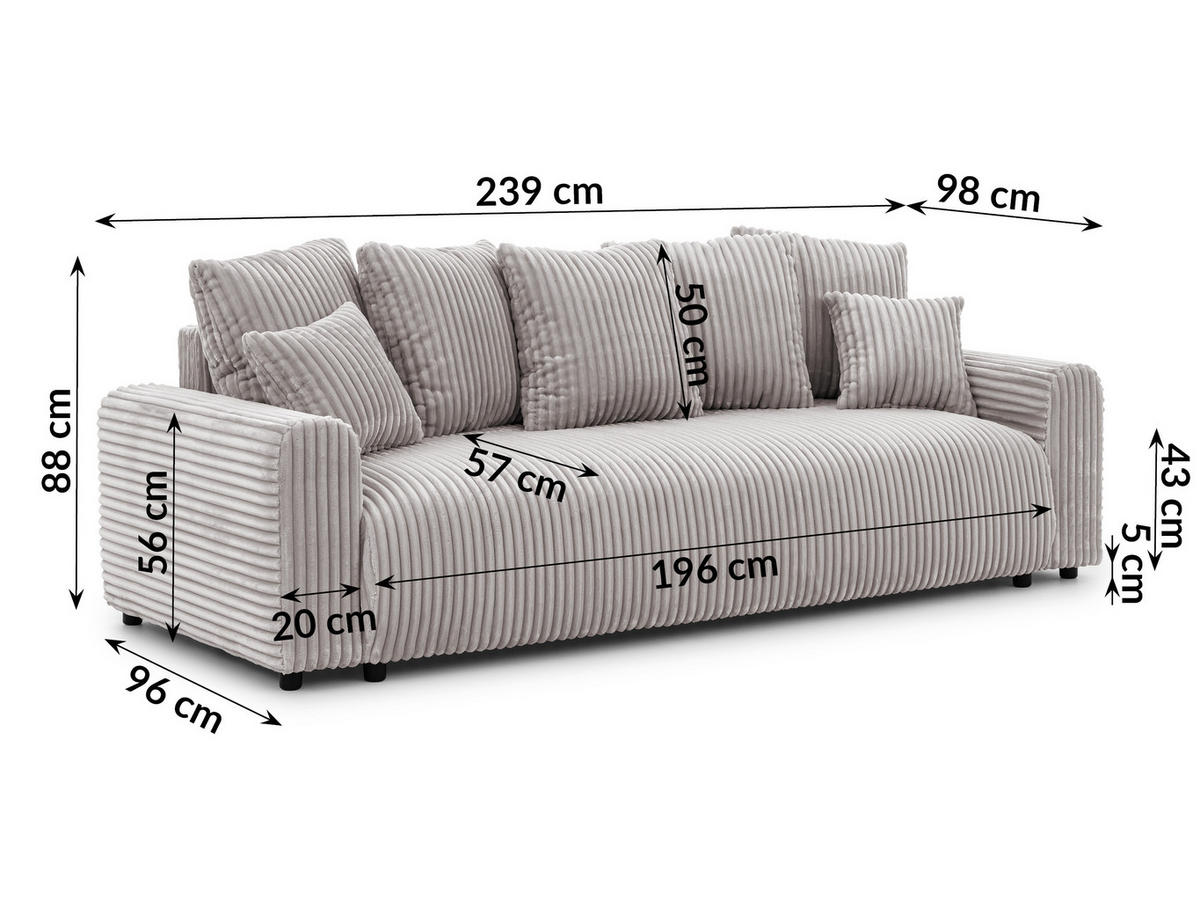 SCHLAFSOFA Calma mit Bettkasten im Bumpy-Design aus weichem Hellgrau Plüschcord - Hellgrau/Schwarz, Holz/Kunststoff (239/88/98cm) - S-Style