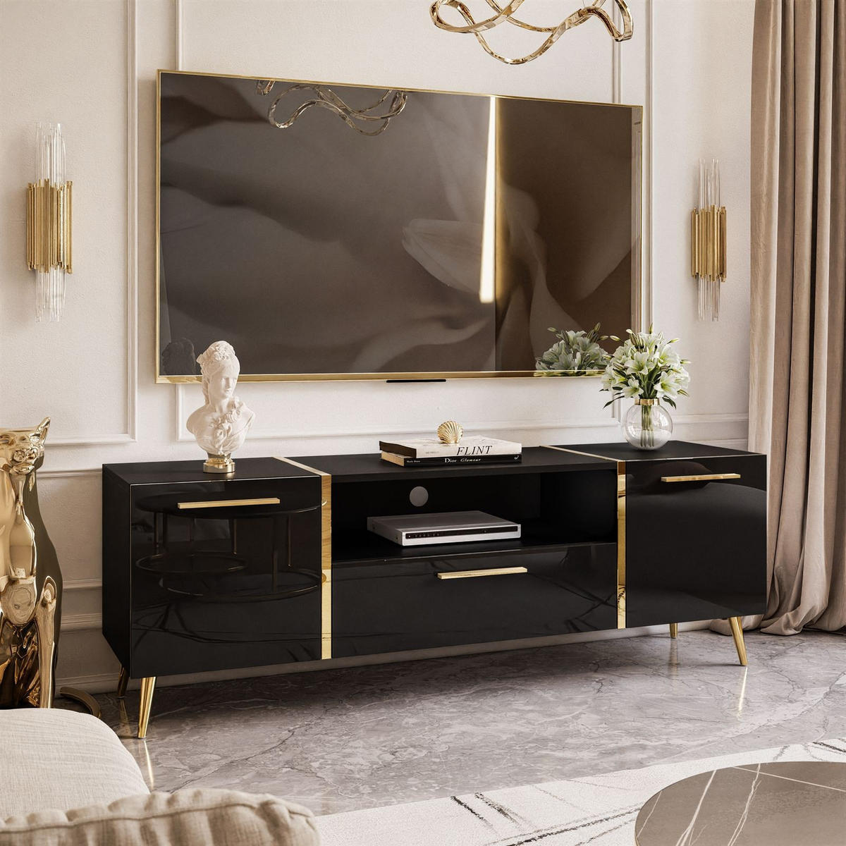 TV-ELEMENT ONYX AUF GOLDENEN BEINEN HOCHGLANZ 158 CM - Schwarz, Holzwerkstoff (158/53/41.3cm) - Lookway