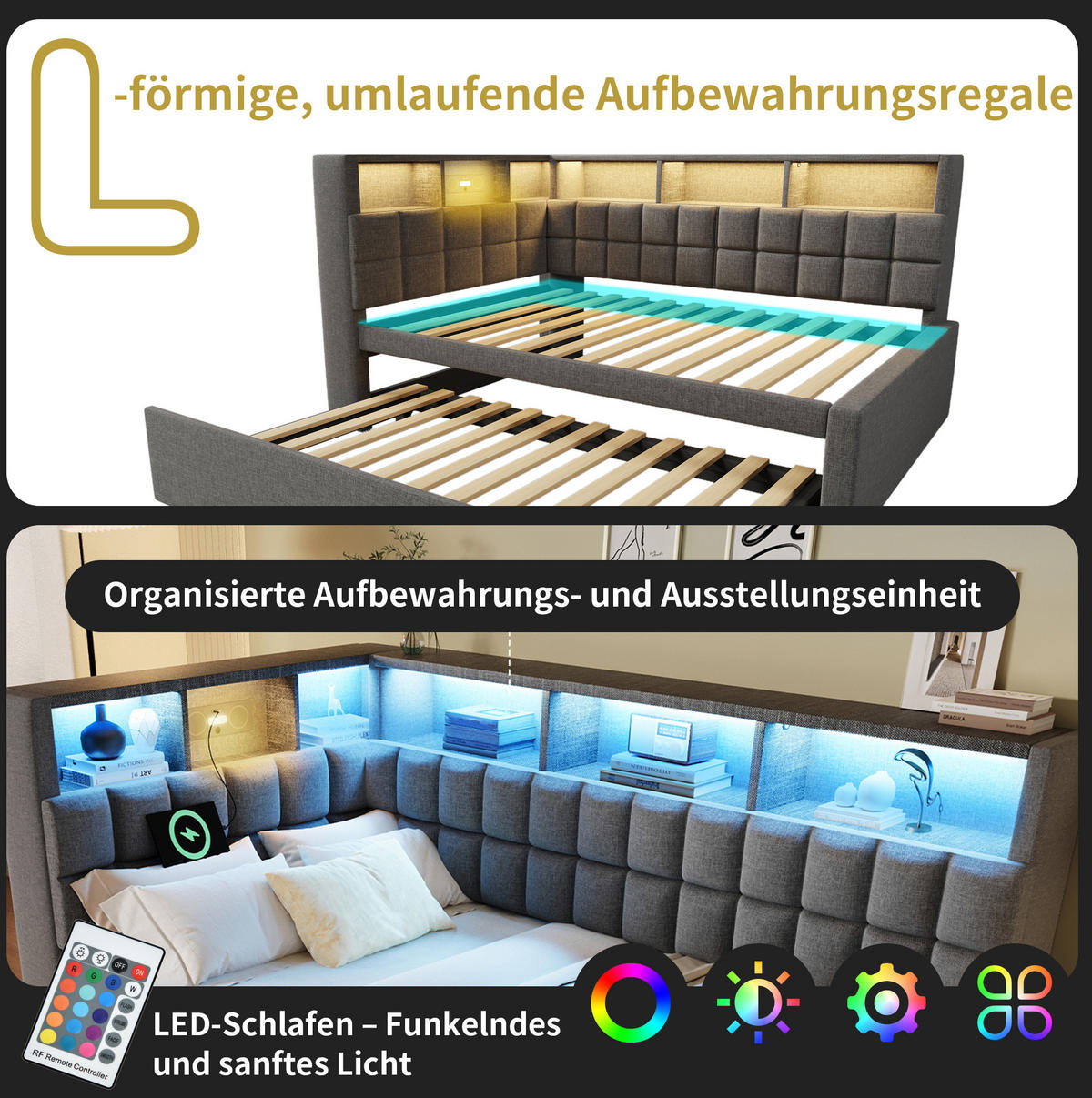 POLSTERBETT 90/180x200 cm in Grau mit LED-Beleuchtung und USB- und Type-C-Anschlüssen - Grau, Textil (90/200cm) - Flora Grace