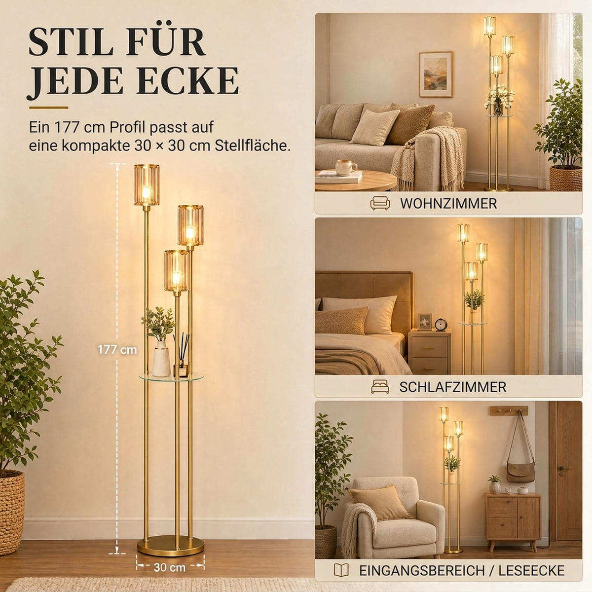 STEHLAMPE Stahl Glas Goldfarben - Goldfarben, Metall (32/32/177cm) - HOMCOM