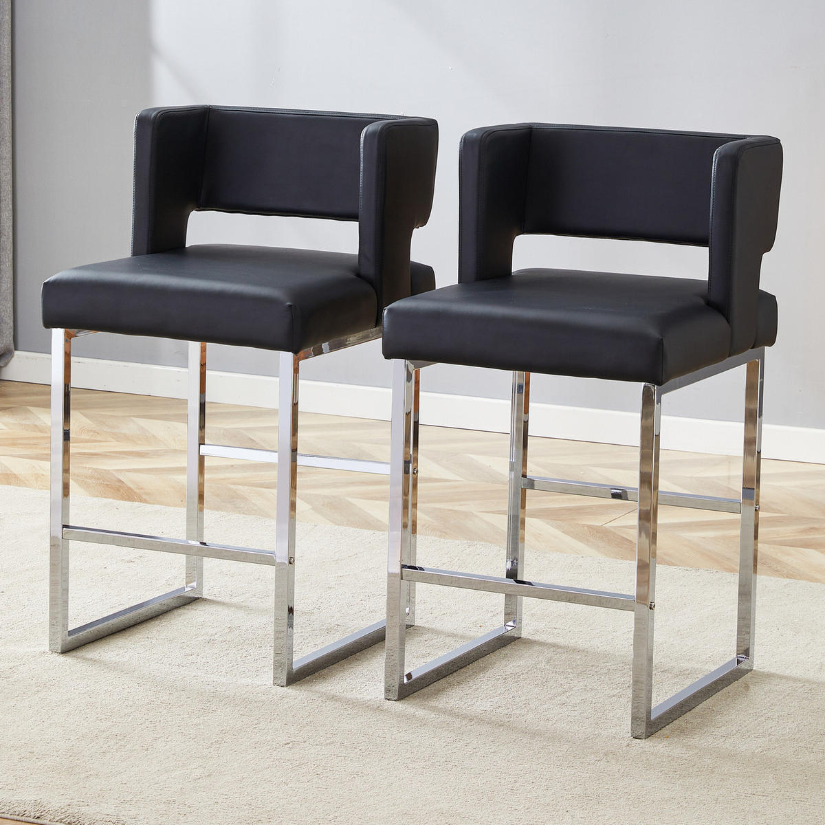 BARSTUHL 2er-Set 91,4 cm PU-Leder Schwarz mit silberfarbenen Metallbeinen - Silberfarben, Metall (53.3/91.4/48cm) - Meubliv