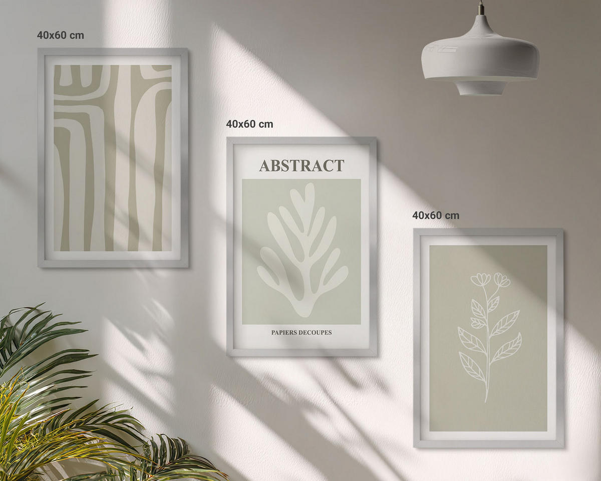 BILDER SET 3er Set - 40x60 cm Silberner Rahmen - Abstrakte Pflanzenmuster - Silberfarben, Kunststoff (40/60cm) - TULUP