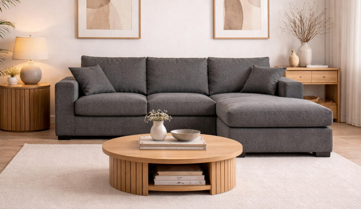 SOFA grau Strukturstoff 308 cm, Ecksofa 5-Sitzer, L-Sofa Ottomane rechts - Schwarz/Grau, Holz/Textil (308/186cm) - Inn.Furn