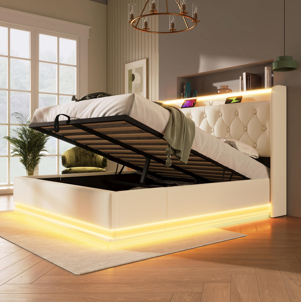 POLSTERBETT mit LED und Stauraum 160x200 cm PU Weiß - Weiß, Metall (160/200cm) - Meubliv