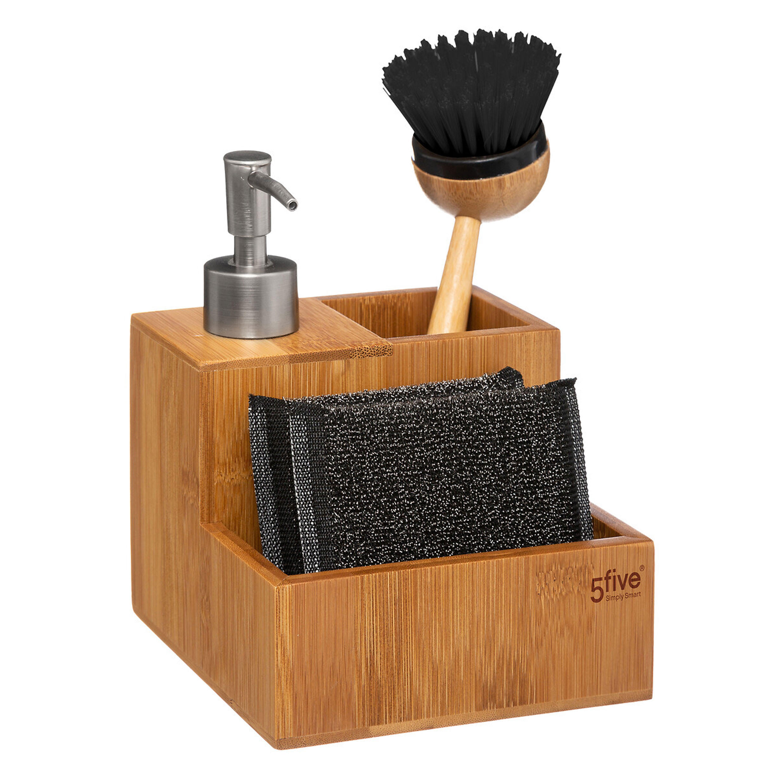 SPÜLEN-ORGANIZER mit Seifenspender, Schwamm und Bürste, Bambus - Braun, Holz (12.1/20/13.5cm) - 5five Simply Smart