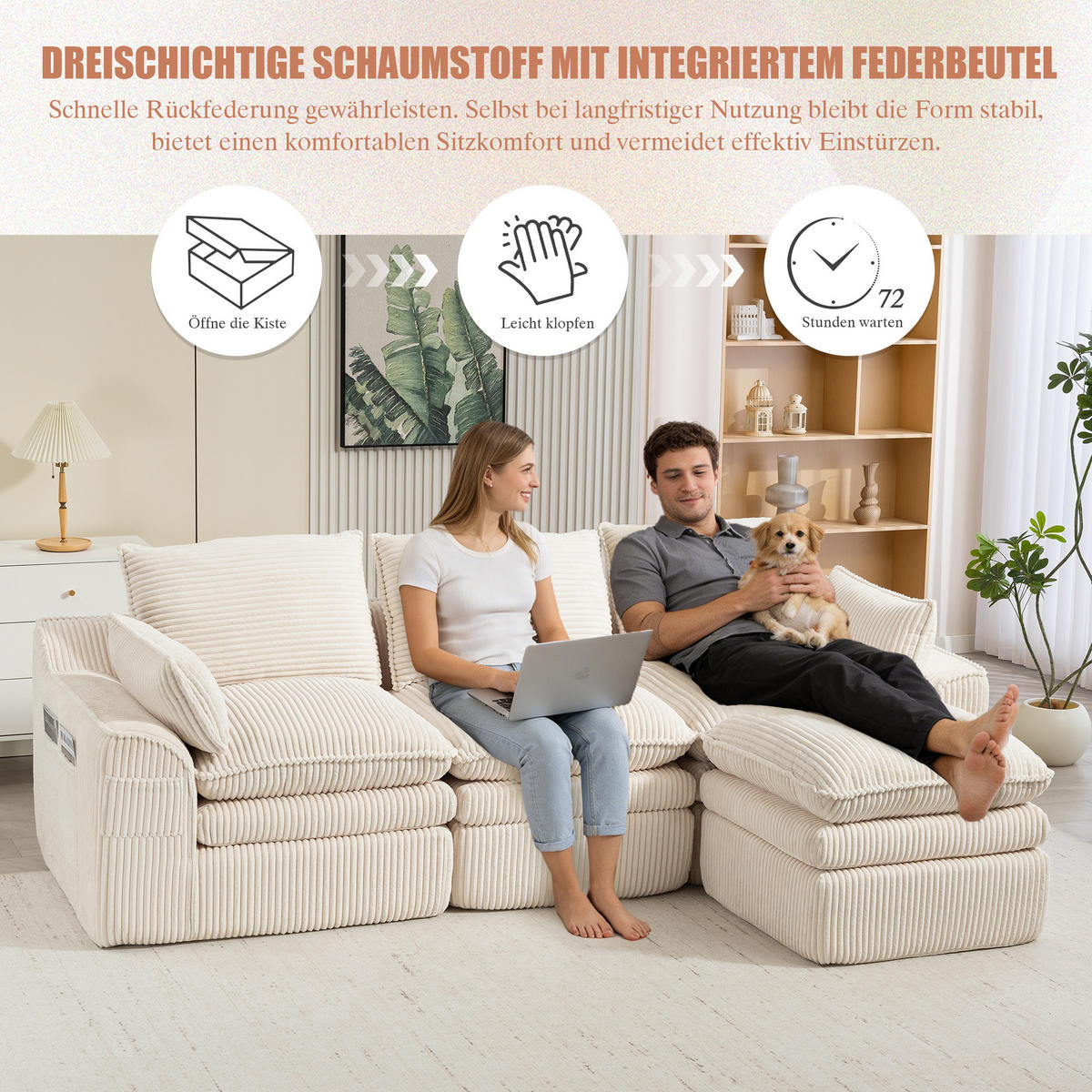 3-SITZER ECKSOFA Cord Beige mit Kissen und Hocker - Beige, Textil (263/167cm) - WISHDOR