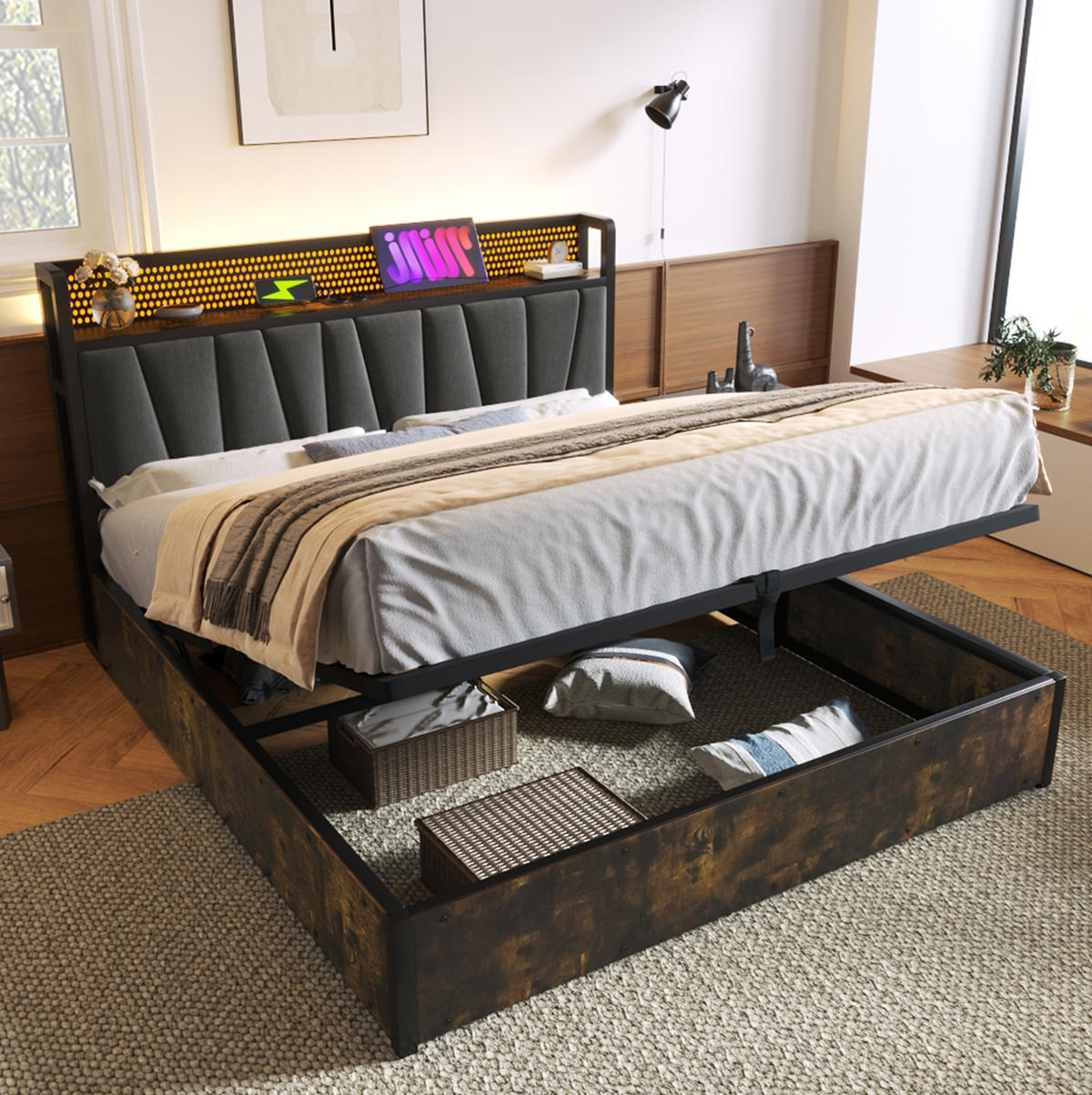 POLSTERBETT mit LED-Beleuchtung 160/200 cm in Grau mit USB, Steckdosen und Bettkasten - Grau, Textil (160/200cm) - BEAOK